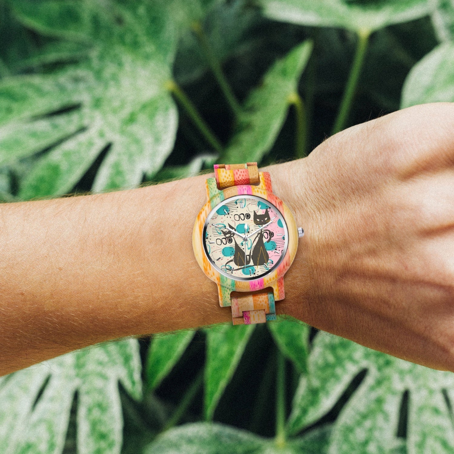 Kate McEnroe New York Atomic Cat Wooden Watch, Colorful Camouflage Bamboo Wristwatch, Retro Mid Century Modern StyleWatcheseefbtflm_001