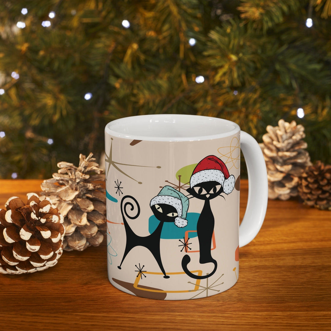 Kate McEnroe New York Atomic Cats Christmas Mug, Mid Century Modern Retro Boomerang Starburst Holiday Drinkware, Kitschy Holiday GiftMugs29014389796606680698