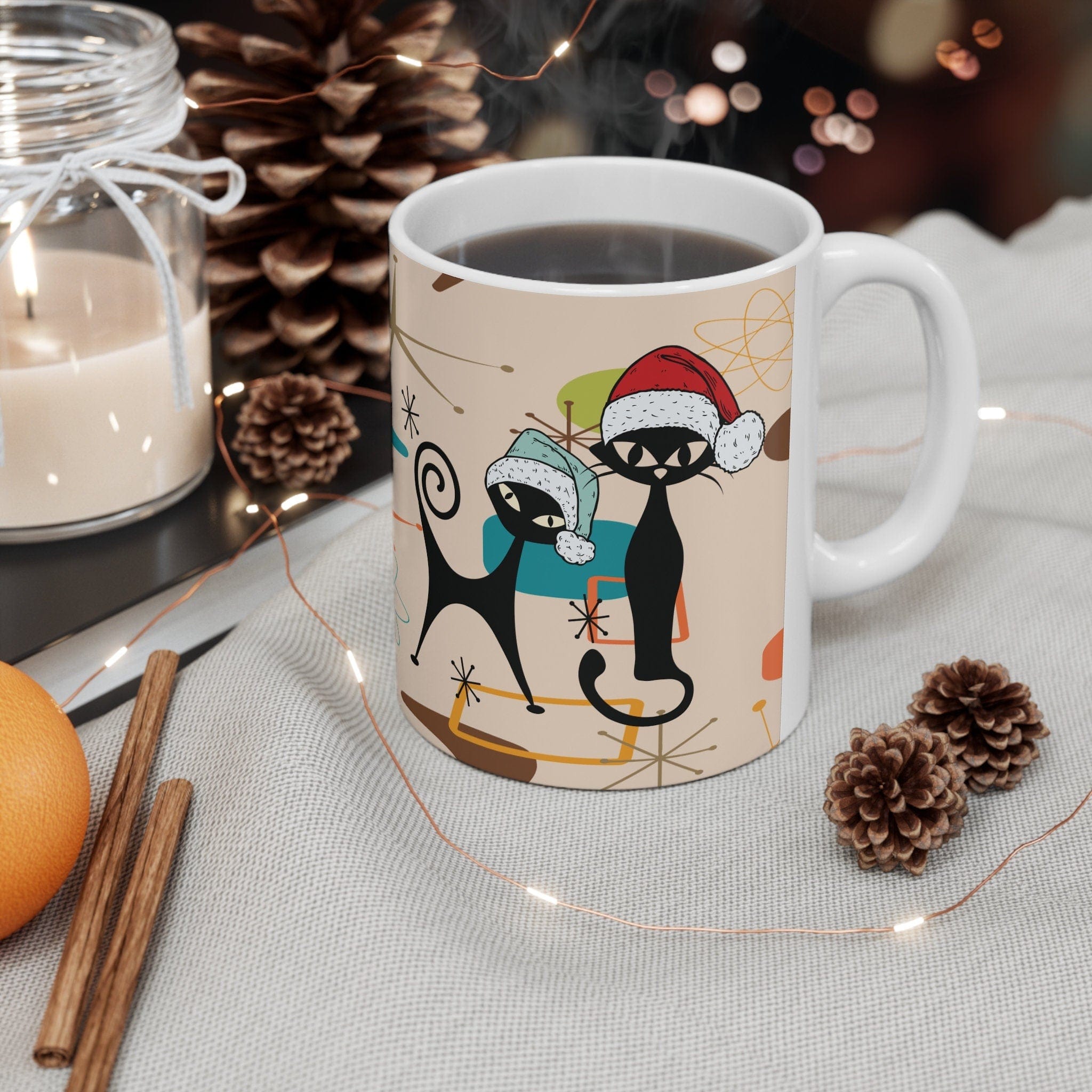 Kate McEnroe New York Atomic Cats Christmas Mug, Mid Century Modern Retro Boomerang Starburst Holiday Drinkware, Kitschy Holiday GiftMugs29014389796606680698