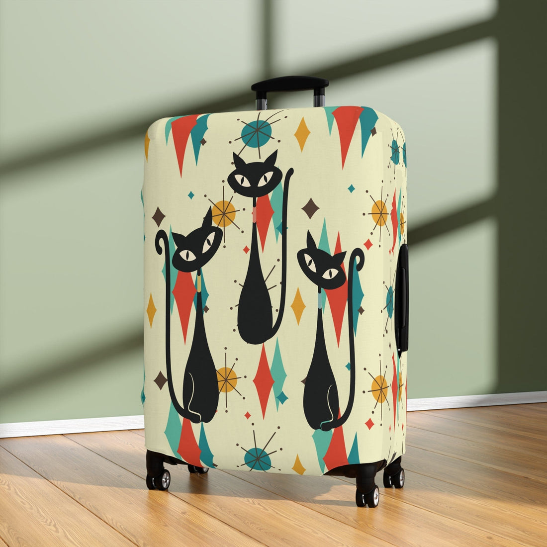 Printify Atomic Cats Franciscan Diamond Starburst Luggage Cover, Retro MCM Travel Suitcase Skin, Mid Century Modern Baggage Protector Accessories 28&
