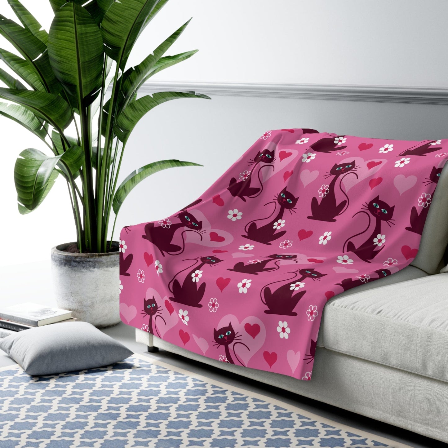 Kate McEnroe New York Atomic Cats MCM Pink Sherpa Blanket, Mid Century Modern Retro Cozy Throw Blankets 60" × 80" 26079493058810291643