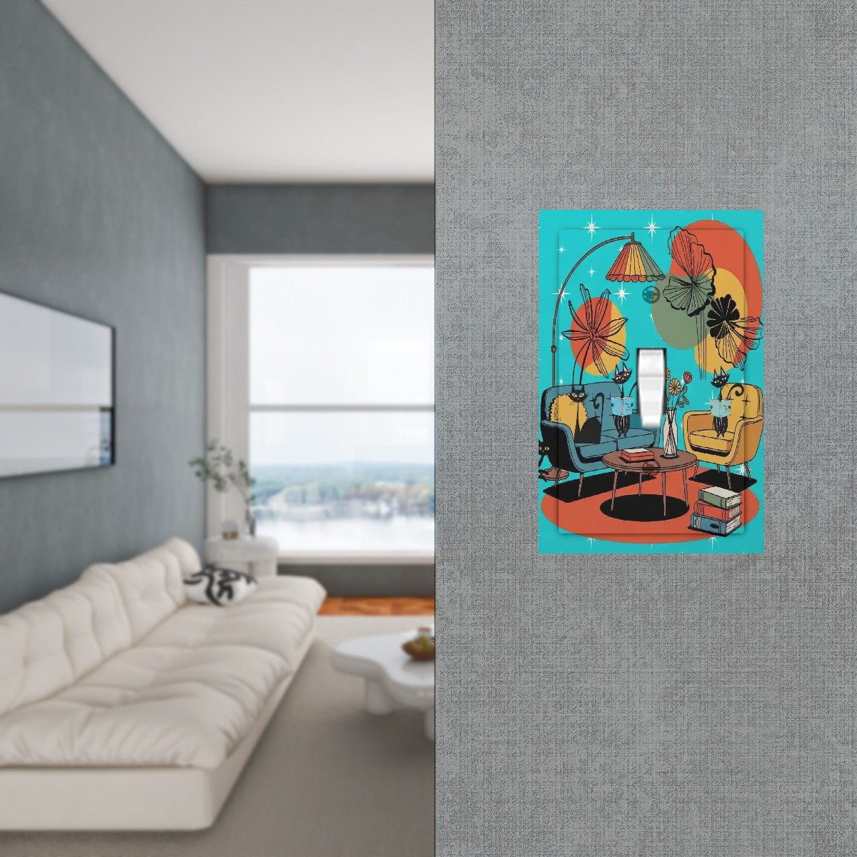 Kate McEnroe New York Atomic Cats Switch Plate, Mid Century Modern Teal Mustard, Retro 1960s Reading Lounge Switch CoverSwitch PlatesyVvPF3Vu4G
