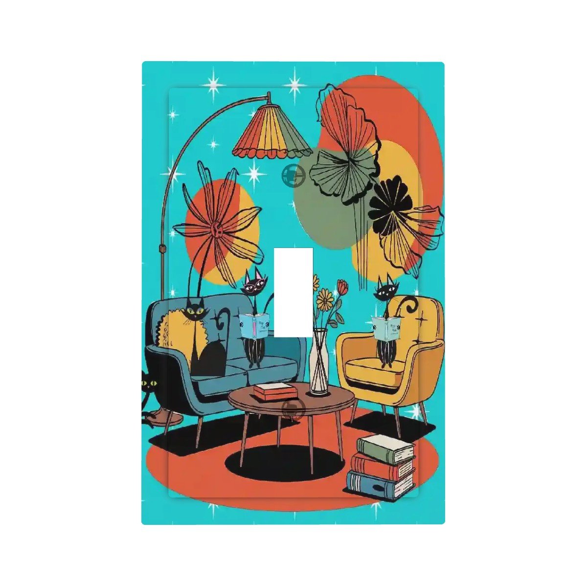 Kate McEnroe New York Atomic Cats Switch Plate, Mid Century Modern Teal Mustard, Retro 1960s Reading Lounge Switch CoverSwitch PlatesyVvPF3Vu4G