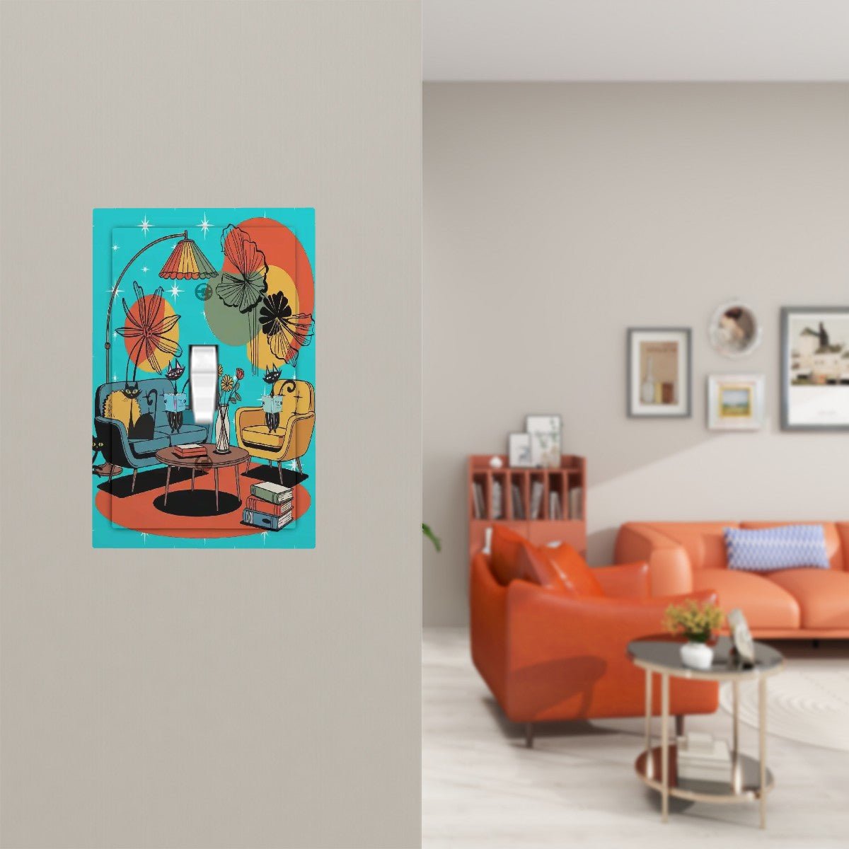 Kate McEnroe New York Atomic Cats Switch Plate, Mid Century Modern Teal Mustard, Retro 1960s Reading Lounge Switch CoverSwitch PlatesyVvPF3Vu4G