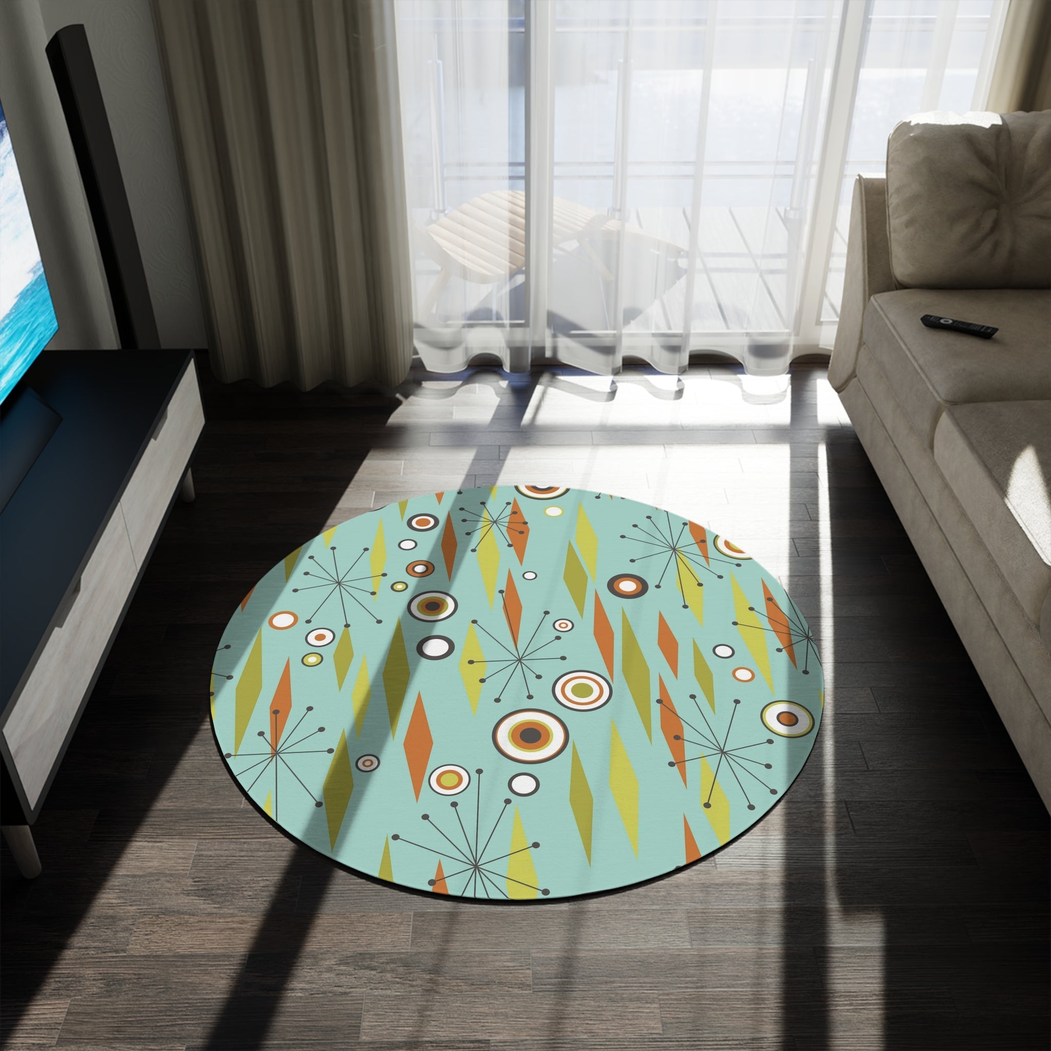 Kate McEnroe New York Atomic Diamond Starbursts Geometric Mid Century Modern Round Area Rug, 50s Retro Aqua Blue, Orange, Lime MCM Living Room, Bedroom DecorRugs30828516382539444061