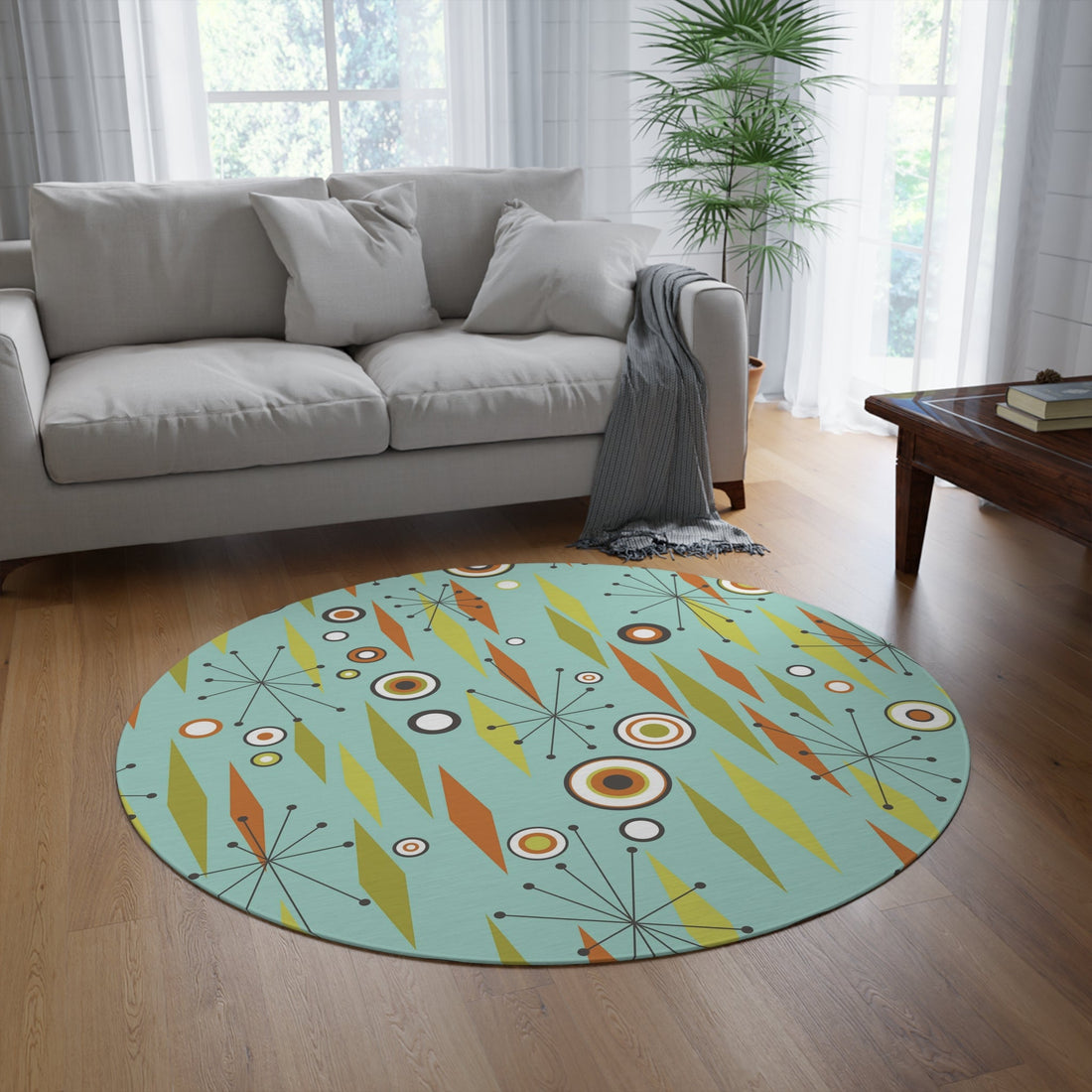 Kate McEnroe New York Atomic Diamond Starbursts Geometric Mid Century Modern Round Area Rug, 50s Retro Aqua Blue, Orange, Lime MCM Living Room, Bedroom DecorRugs30828516382539444061