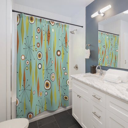 Kate McEnroe New York Atomic Diamond Starbursts Geometric Mid Century Modern Shower Curtain, Retro Aqua Blue, Orange, Lime Bath Curtain, 50s MCM Bathroom Decor Shower Curtains