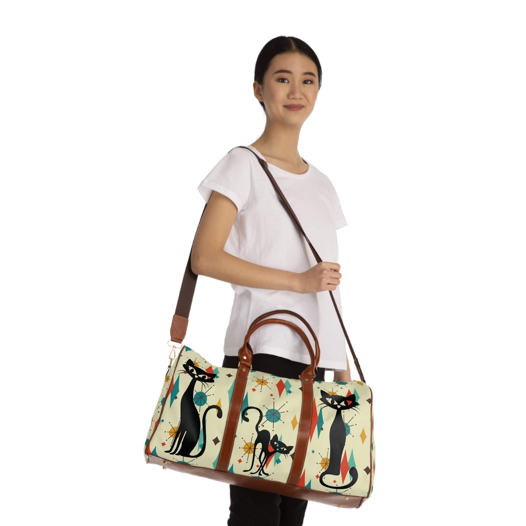 Kate McEnroe New York Atomic Kitchy Black Cat Franciscan Diamond Starburst Weekender Travel Bag, Mid Century Modern Geometric Beige, Orange, MustardDuffel Bags12178927421163667088