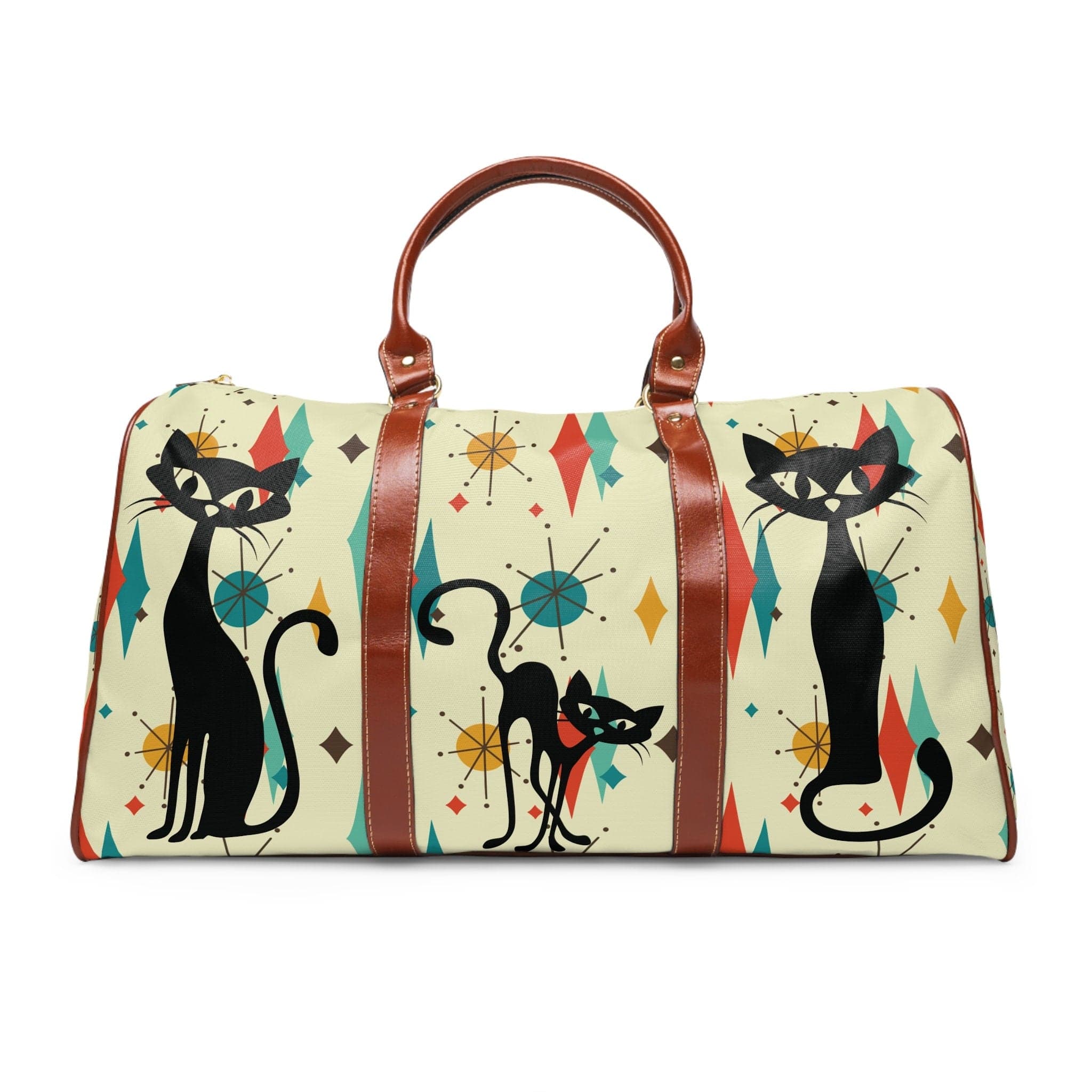 Kate McEnroe New York Atomic Kitchy Black Cat Franciscan Diamond Starburst Weekender Travel Bag, Mid Century Modern Geometric Beige, Orange, MustardDuffel Bags12178927421163667088