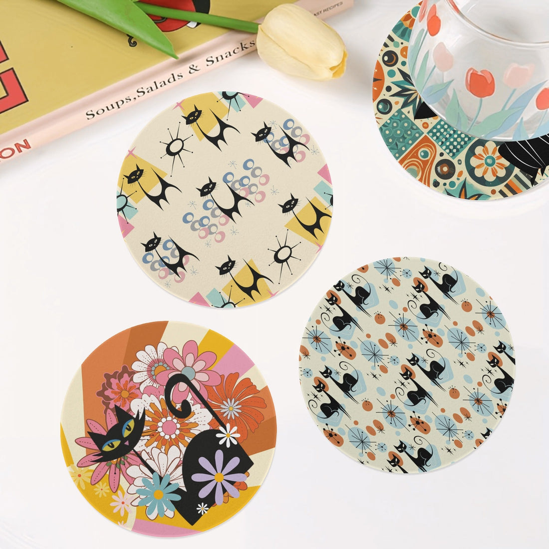 Kate McEnroe New York Atomic Kitsch Cat Coaster Set, Mid Century Modern Retro Table DecorCoastersN2MZJ8VN - 1