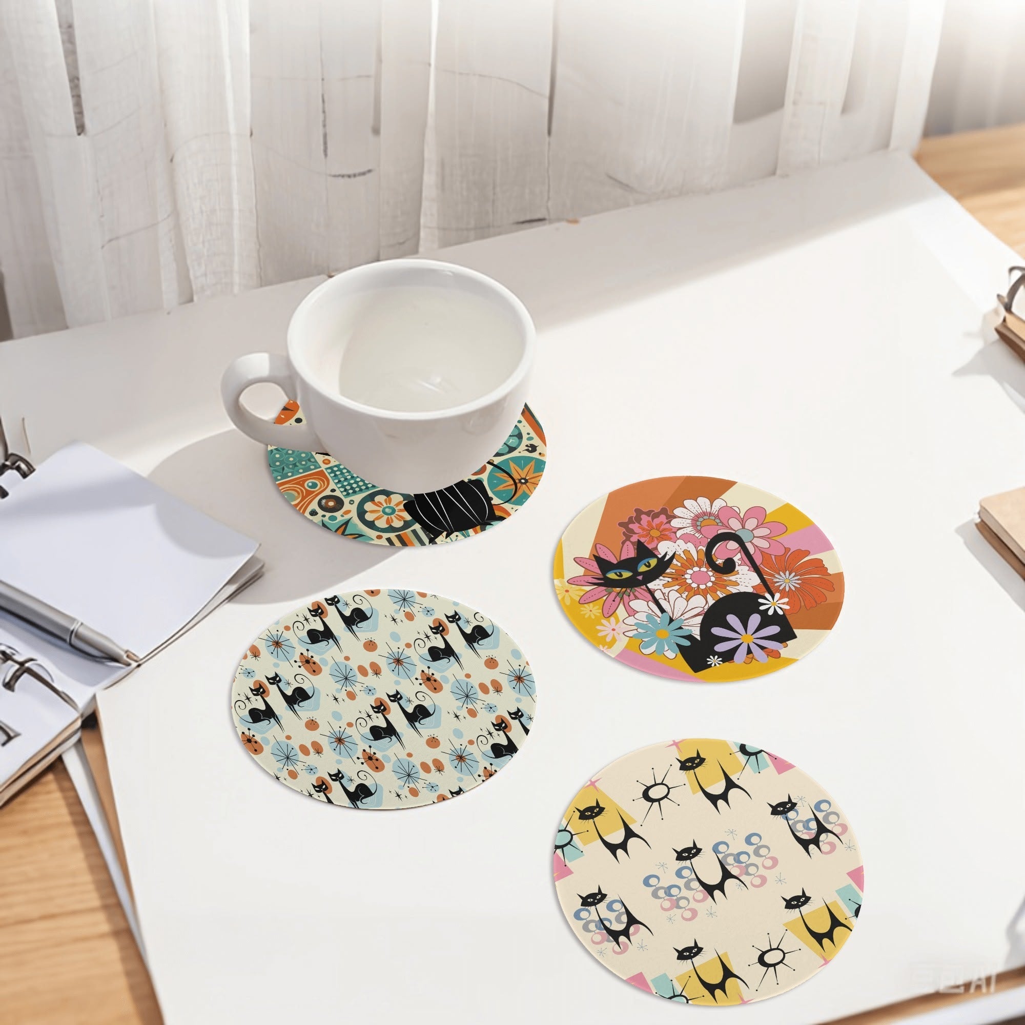 Kate McEnroe New York Atomic Kitsch Cat Coaster Set, Mid Century Modern Retro Table DecorCoastersN2MZJ8VN - 1