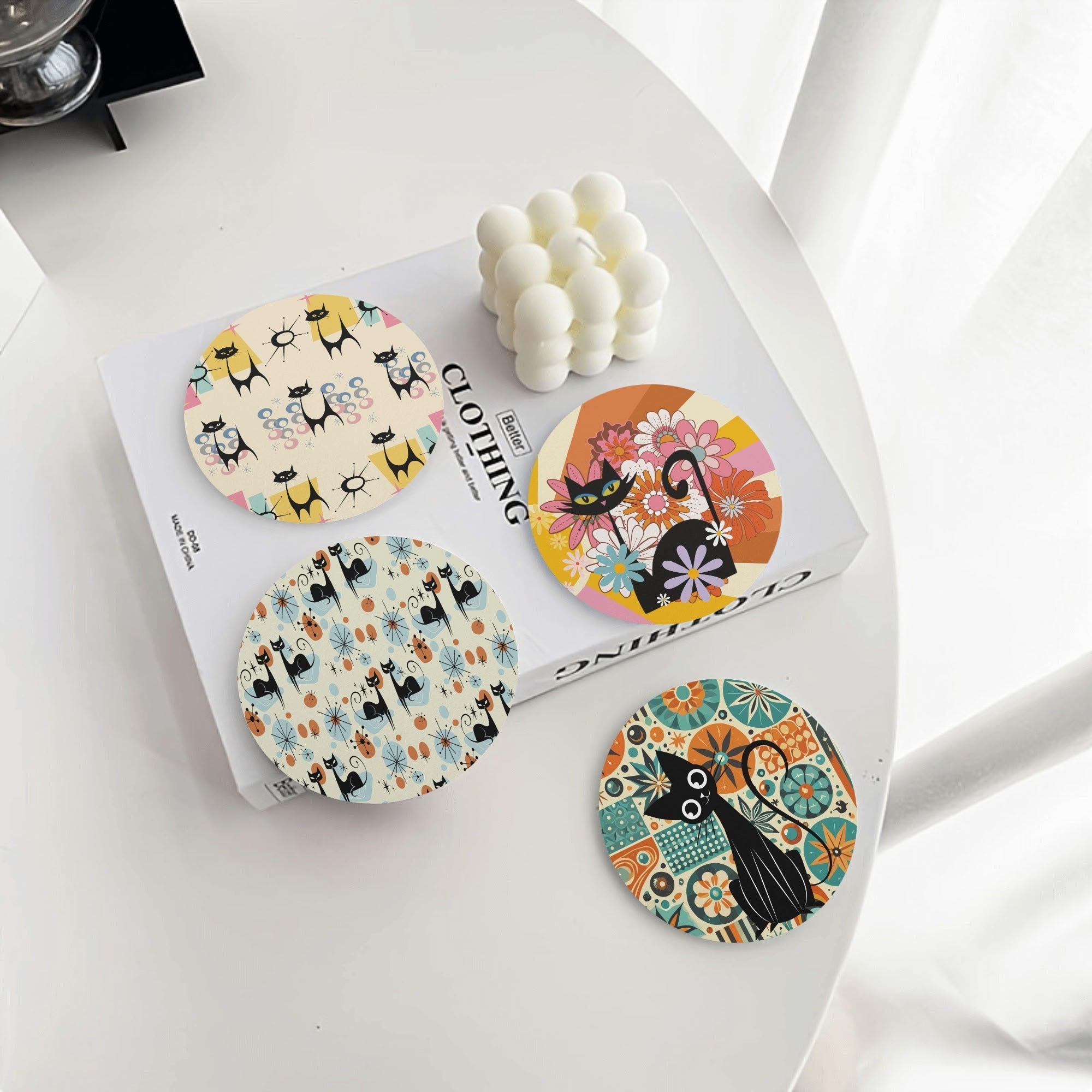 Kate McEnroe New York Atomic Kitsch Cat Coaster Set, Mid Century Modern Retro Table DecorCoastersN2MZJ8VN - 1