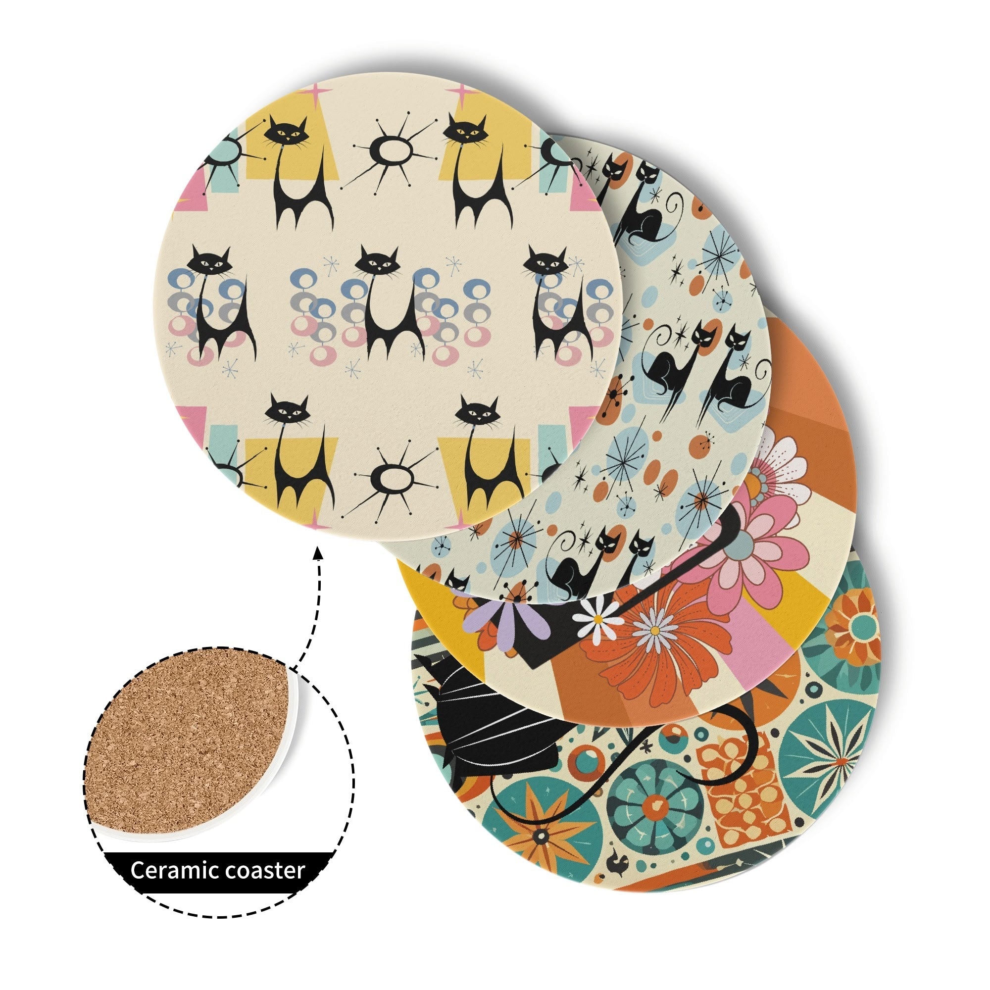 Kate McEnroe New York Atomic Kitsch Cat Coaster Set, Mid Century Modern Retro Table DecorCoastersN2MZJ8VN - 1
