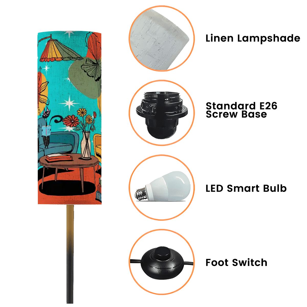 Kate McEnroe New York Atomic Kitsch Cat Cylinder Floor Lamp, Retro Mid Century Modern Lounge Light, MCM Starburst Reading LampFloor LampscHPzCSyDM0