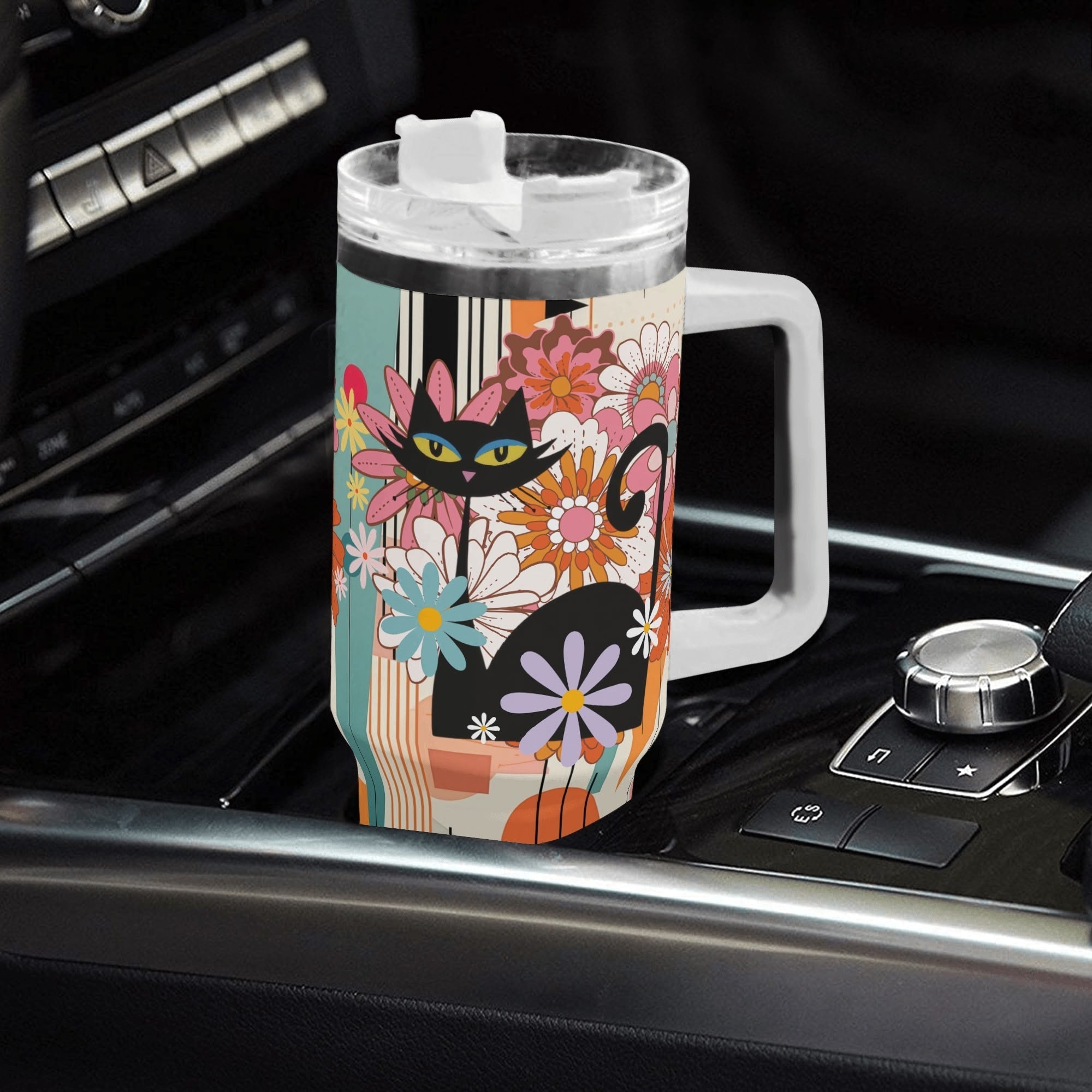 Kate McEnroe New York Atomic Kitsch Cat Groovy Flower Power Tumbler, Mid Century Modern Retro Floral DrinkwareTumblersW0ZGE1ZW - 1