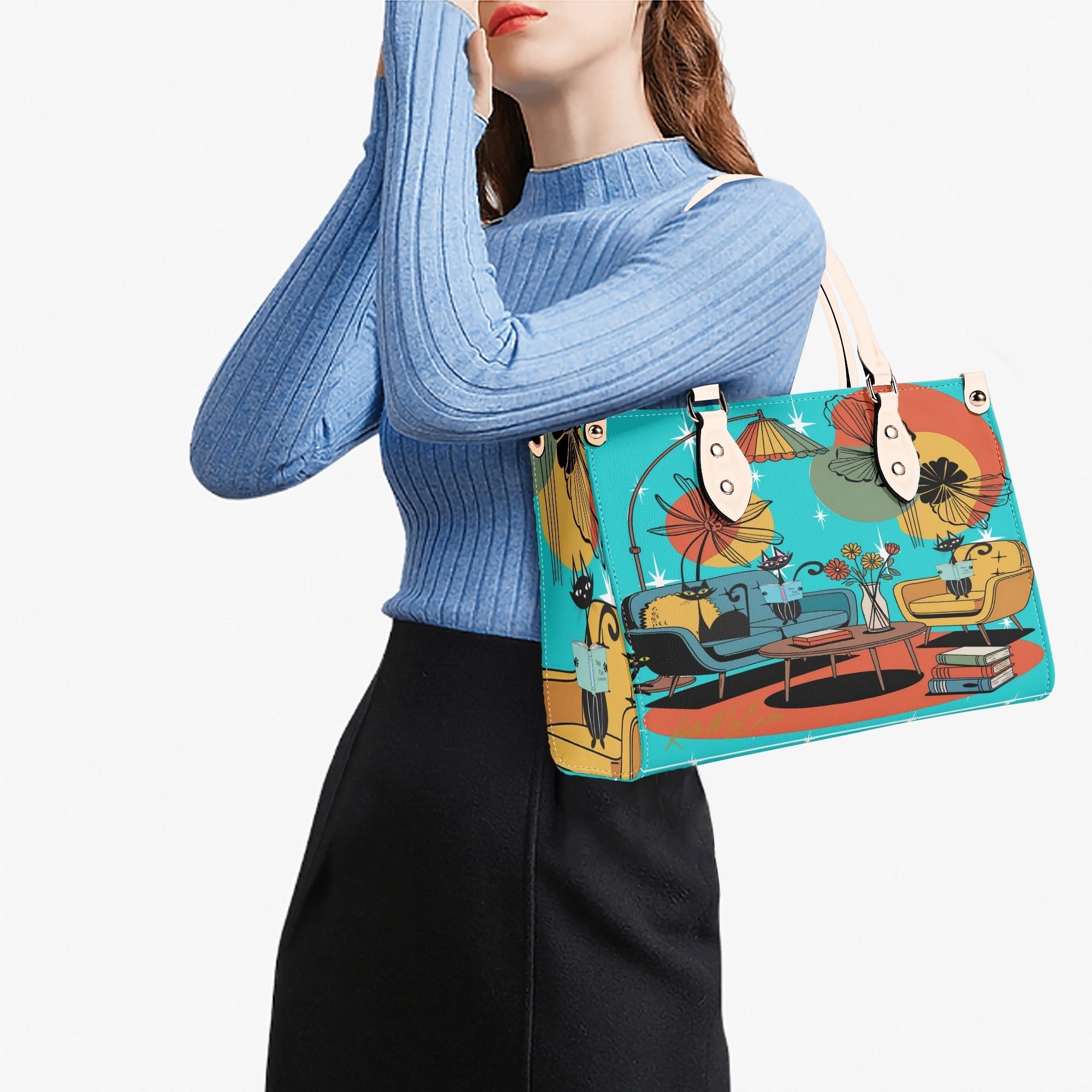Kate McEnroe New York Atomic Kitsch Cat Lounge Satchel, Retro Mid Century Modern Purse, MCM Bookish Mod Bag, 50s Starburst HandbagHandbagsNVO31DMY - 1