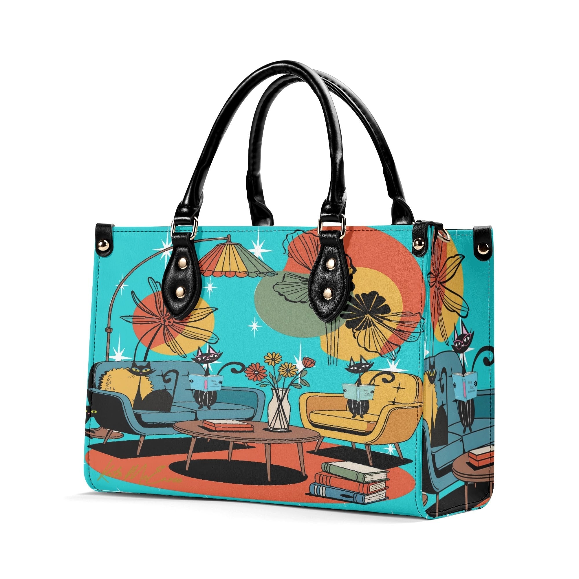 Kate McEnroe New York Atomic Kitsch Cat Lounge Satchel, Retro Mid Century Modern Purse, MCM Bookish Mod Bag, 50s Starburst HandbagHandbagsNVO31DMY - 1