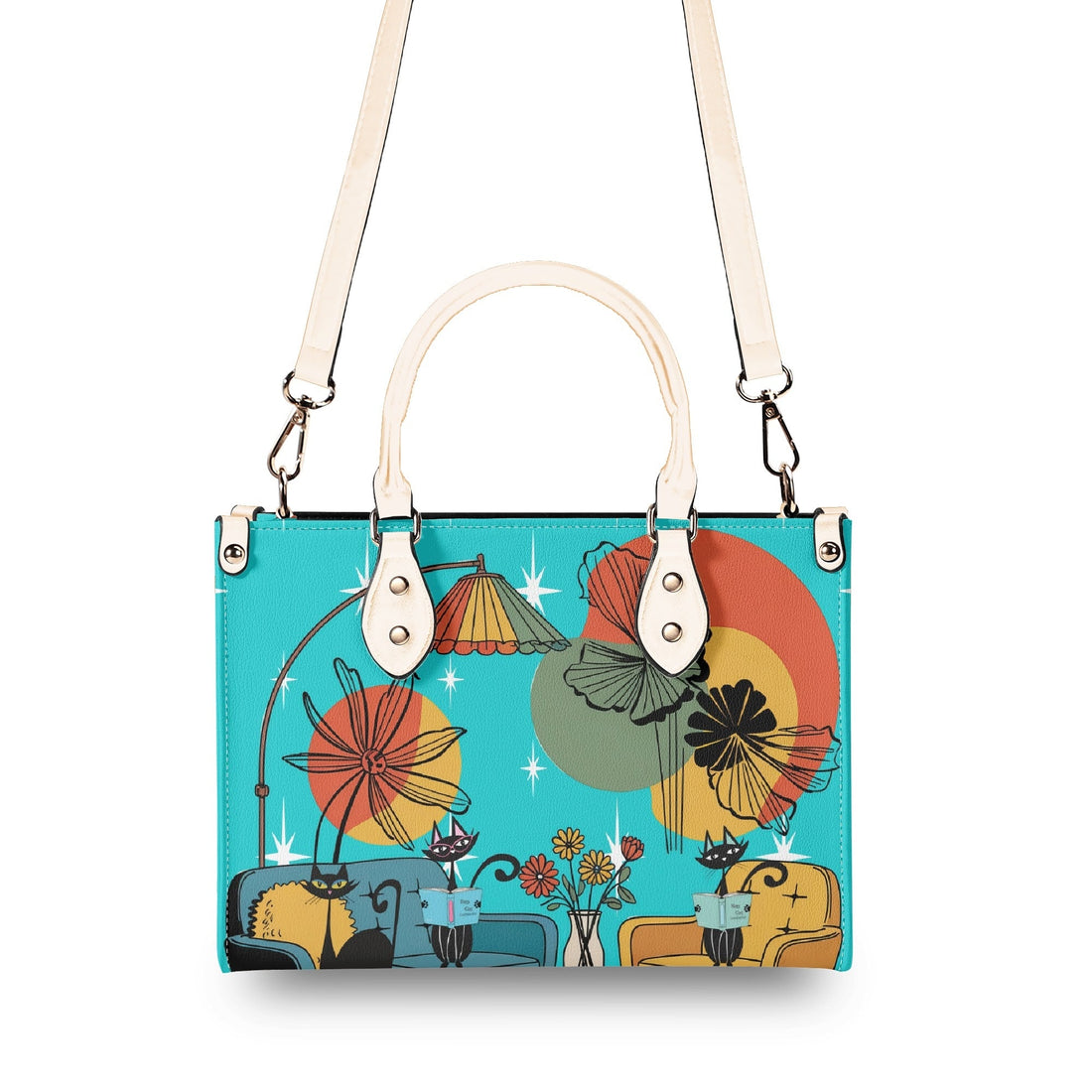 Kate McEnroe New York Atomic Kitsch Cat Lounge Satchel, Retro Mid Century Modern Purse, MCM Bookish Mod Bag, 50s Starburst HandbagHandbagsNVO31DMY - 1