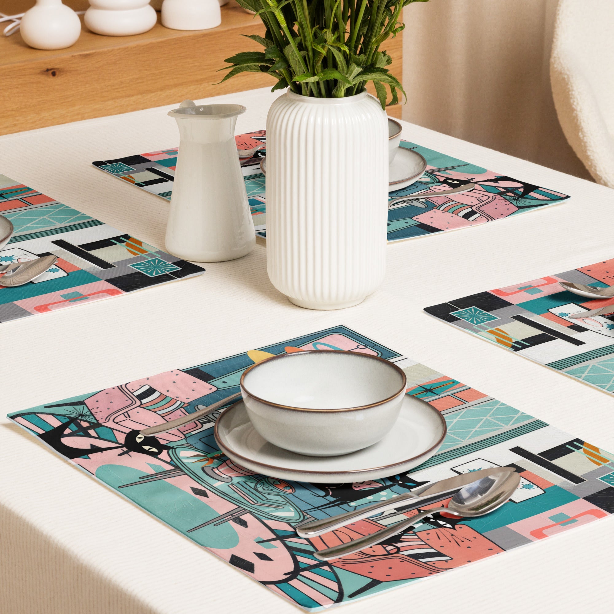 Kate McEnroe New York Atomic Kitsch Cat MCM Lounge, Mid Century Modern Retro Placemats Set of 4Placemats3548152_17484