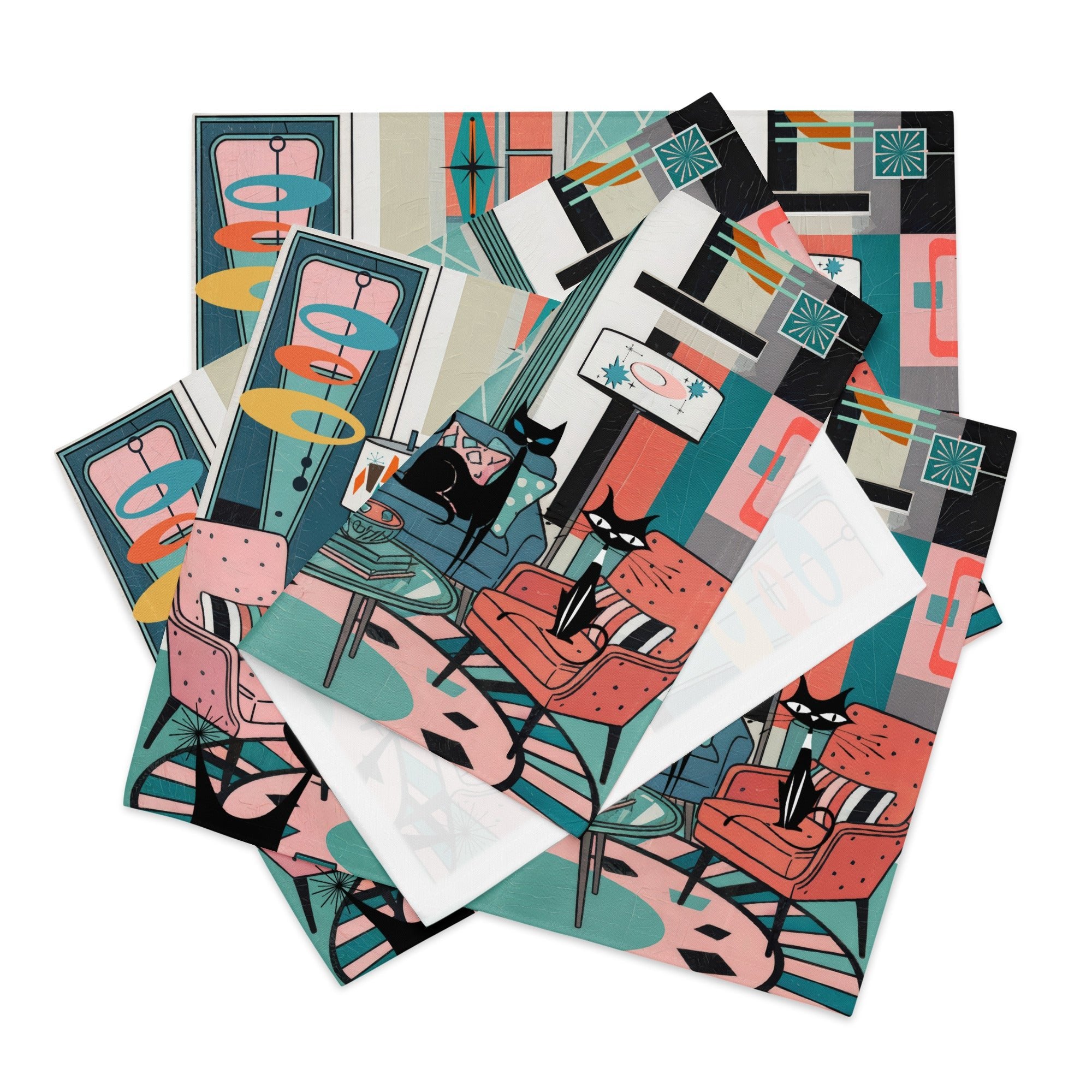 Kate McEnroe New York Atomic Kitsch Cat MCM Lounge, Mid Century Modern Retro Placemats Set of 4Placemats3548152_17484