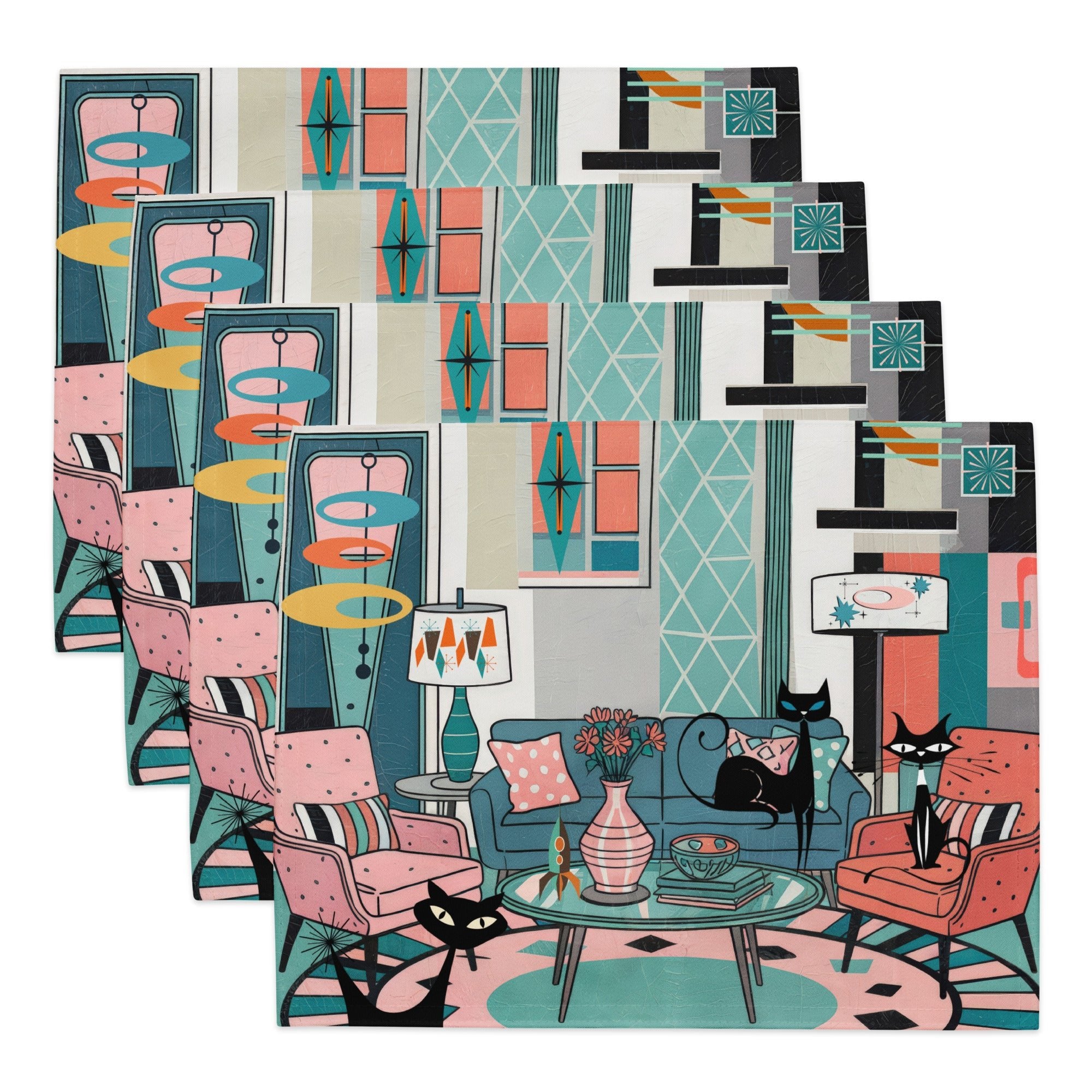 Kate McEnroe New York Atomic Kitsch Cat MCM Lounge, Mid Century Modern Retro Placemats Set of 4Placemats3548152_17484