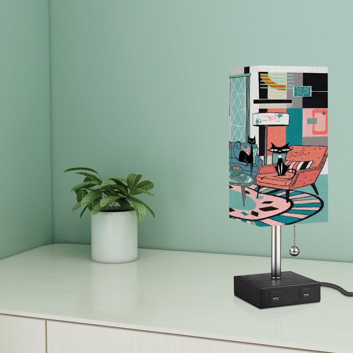 Kate McEnroe New York Atomic Kitsch Cat Mid Mod Desk Lamp, Retro 50s Lounge Scene Light, Geometric MCM Accent LightingDesk LampshzL5mUYyE6