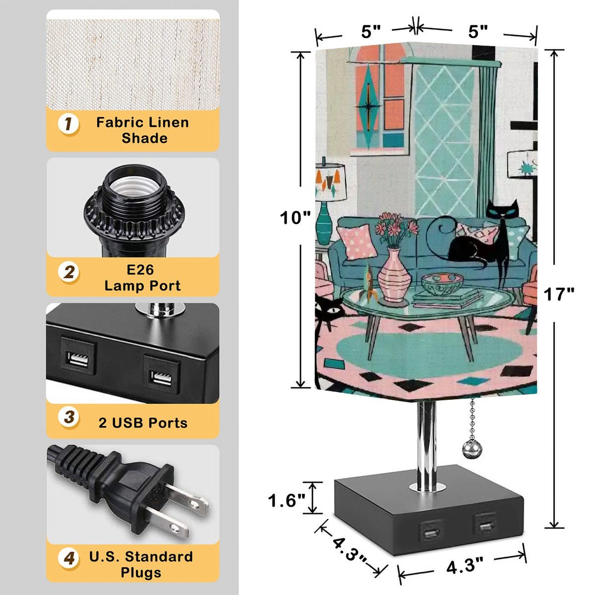 Kate McEnroe New York Atomic Kitsch Cat Mid Mod Desk Lamp, Retro 50s Lounge Scene Light, Geometric MCM Accent LightingDesk LampshzL5mUYyE6