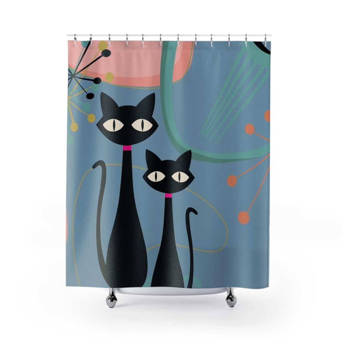 Printify Atomic Kitsch Cat Shower Curtain, Mid Century Modern Boomerang Starburst Bath Curtains, Retro Bathroom Decor Home Decor 71&quot; × 74&quot; 31348586935196680602