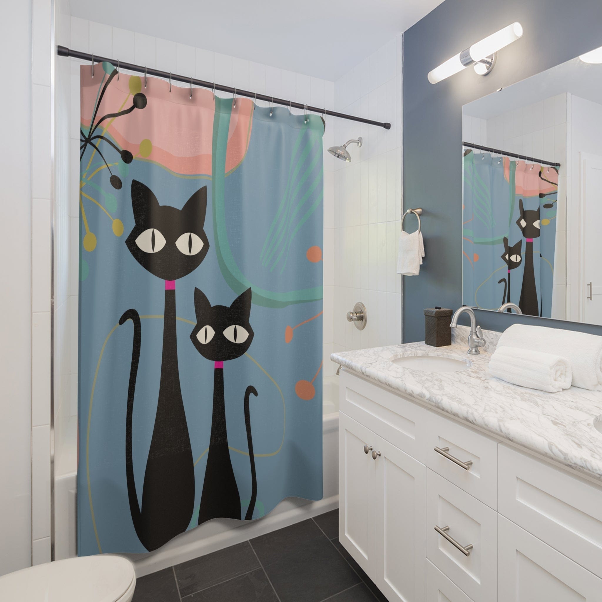 Printify Atomic Kitsch Cat Shower Curtain, Mid Century Modern Boomerang Starburst Bath Curtains, Retro Bathroom Decor Home Decor 71&quot; × 74&quot; 31348586935196680602