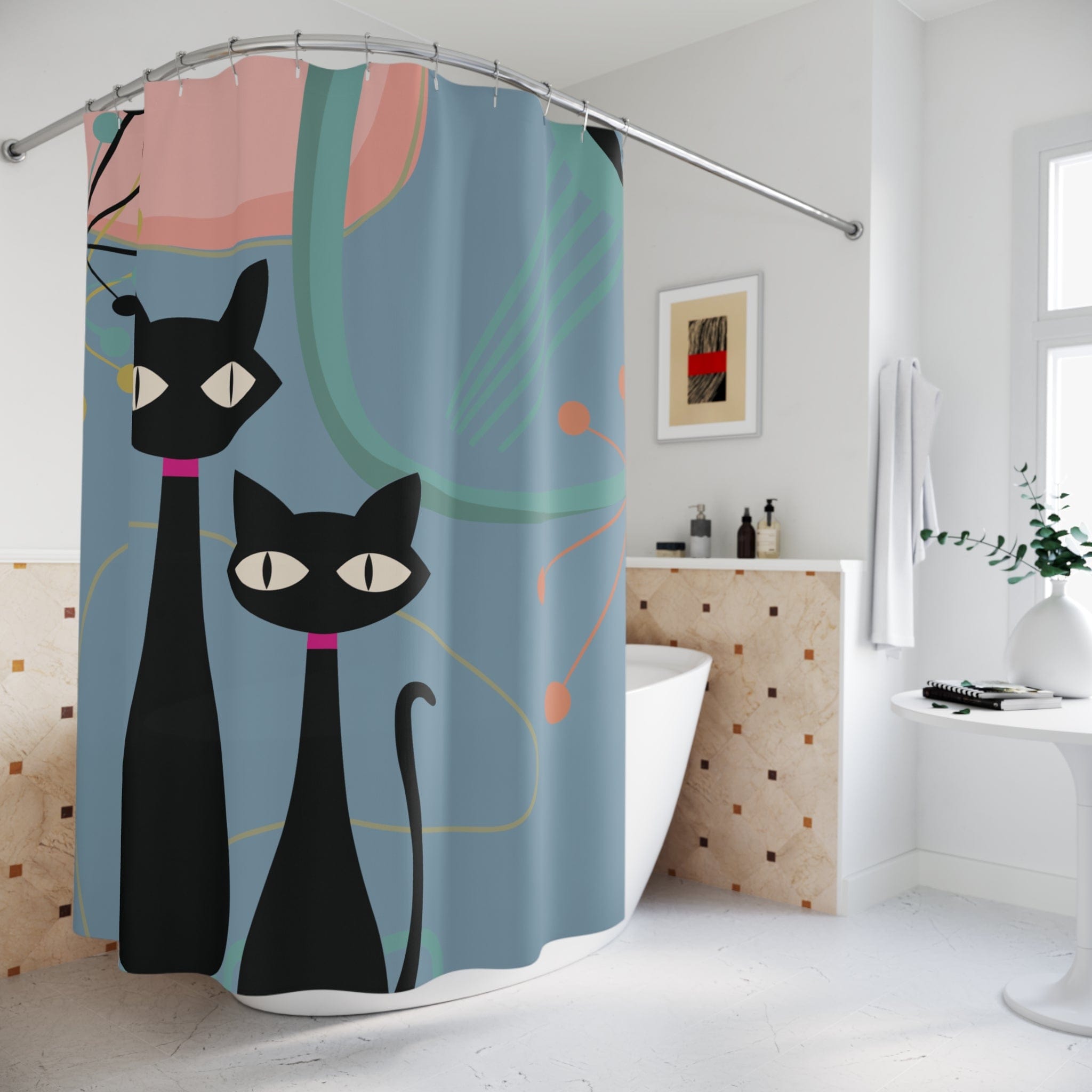 Kate McEnroe New York Atomic Kitsch Cat Shower Curtain, Mid Century Modern Boomerang Starburst Bath Curtains, Retro Bathroom DecorShower Curtains31348586935196680602