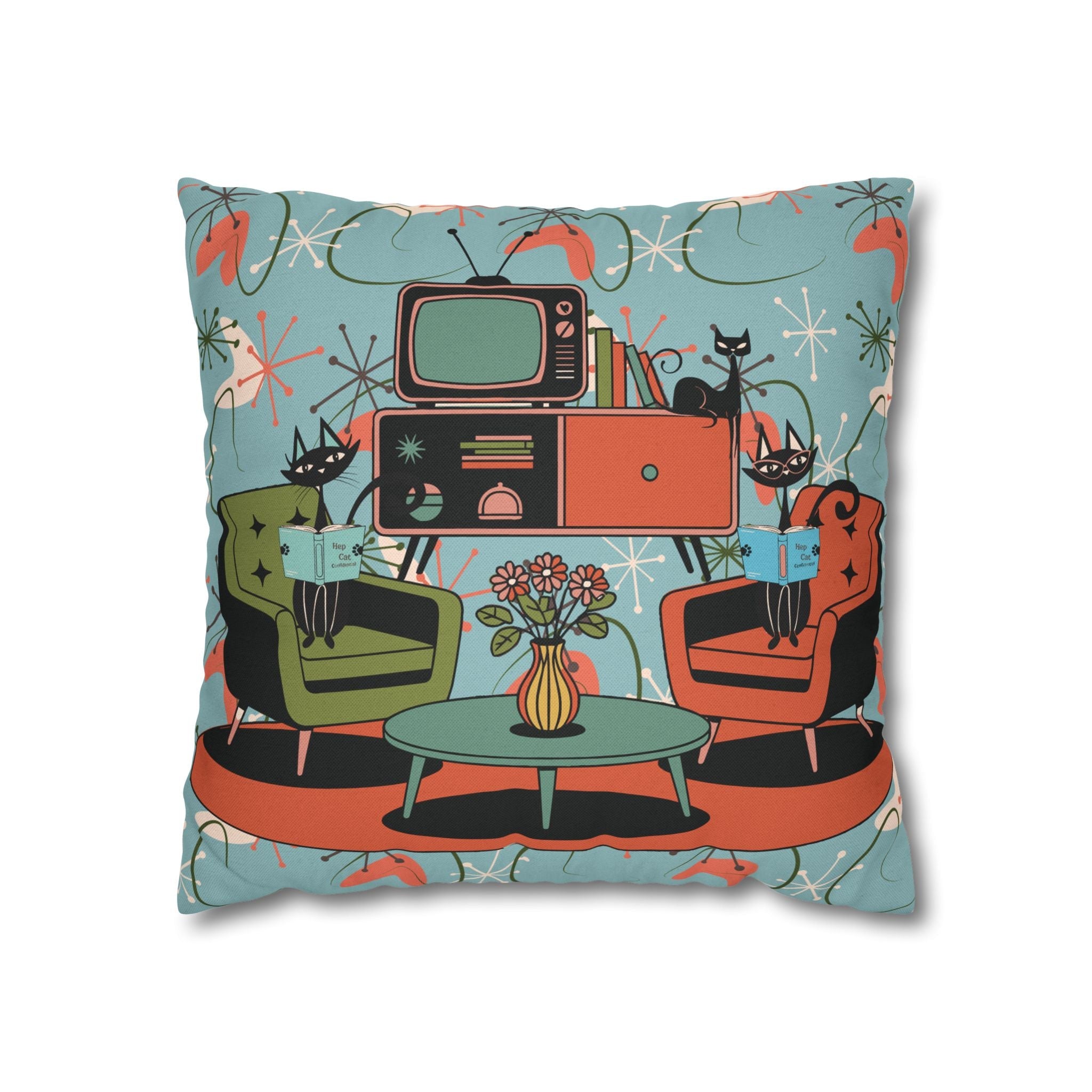 Kate McEnroe New York Atomic Kitsch Cat Starburst Pillow Cover, 50s Teal Orange MCM Boomerang DecorThrow Pillow Covers18480194359914716041