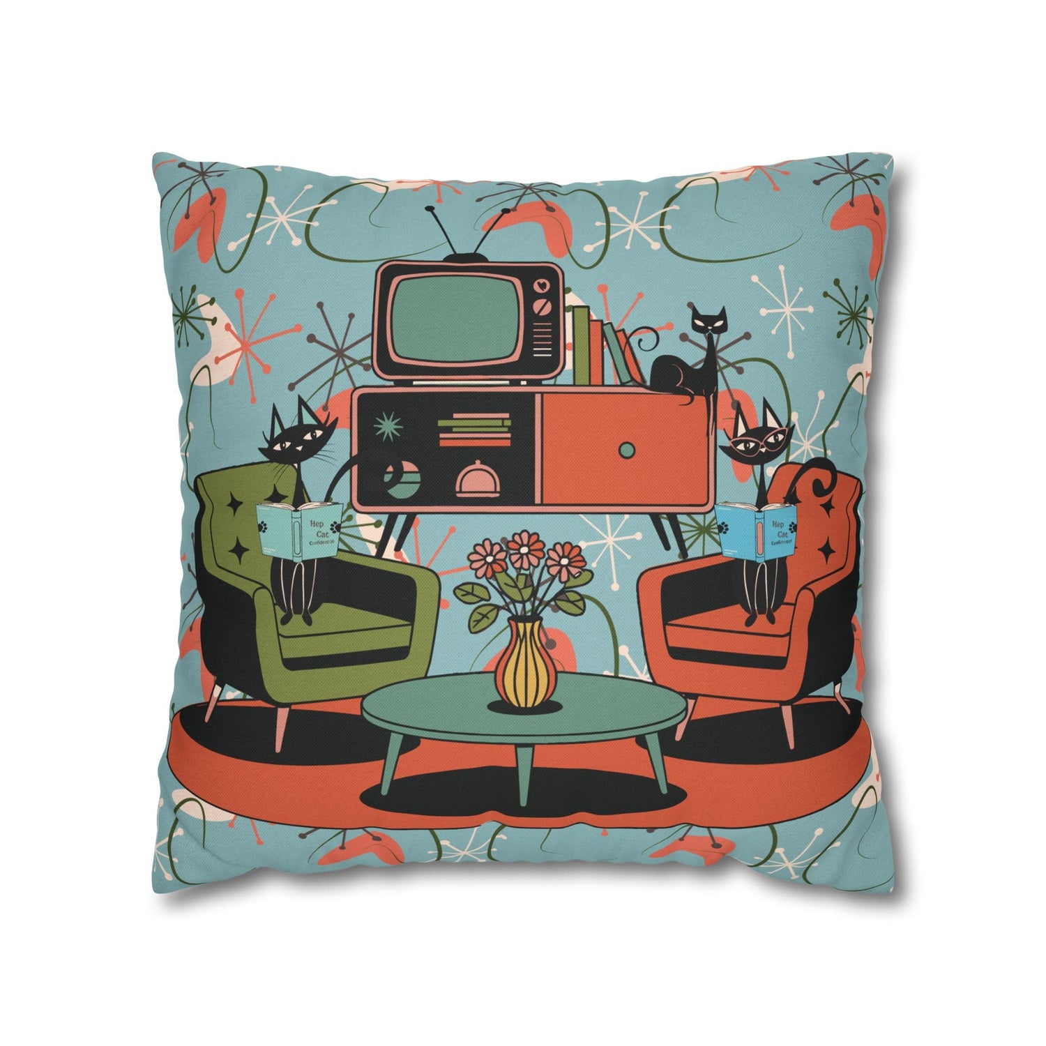 Kate McEnroe New York Atomic Kitsch Cat Starburst Pillow Cover, 50s Teal Orange MCM Boomerang DecorThrow Pillow Covers20338311066197447376