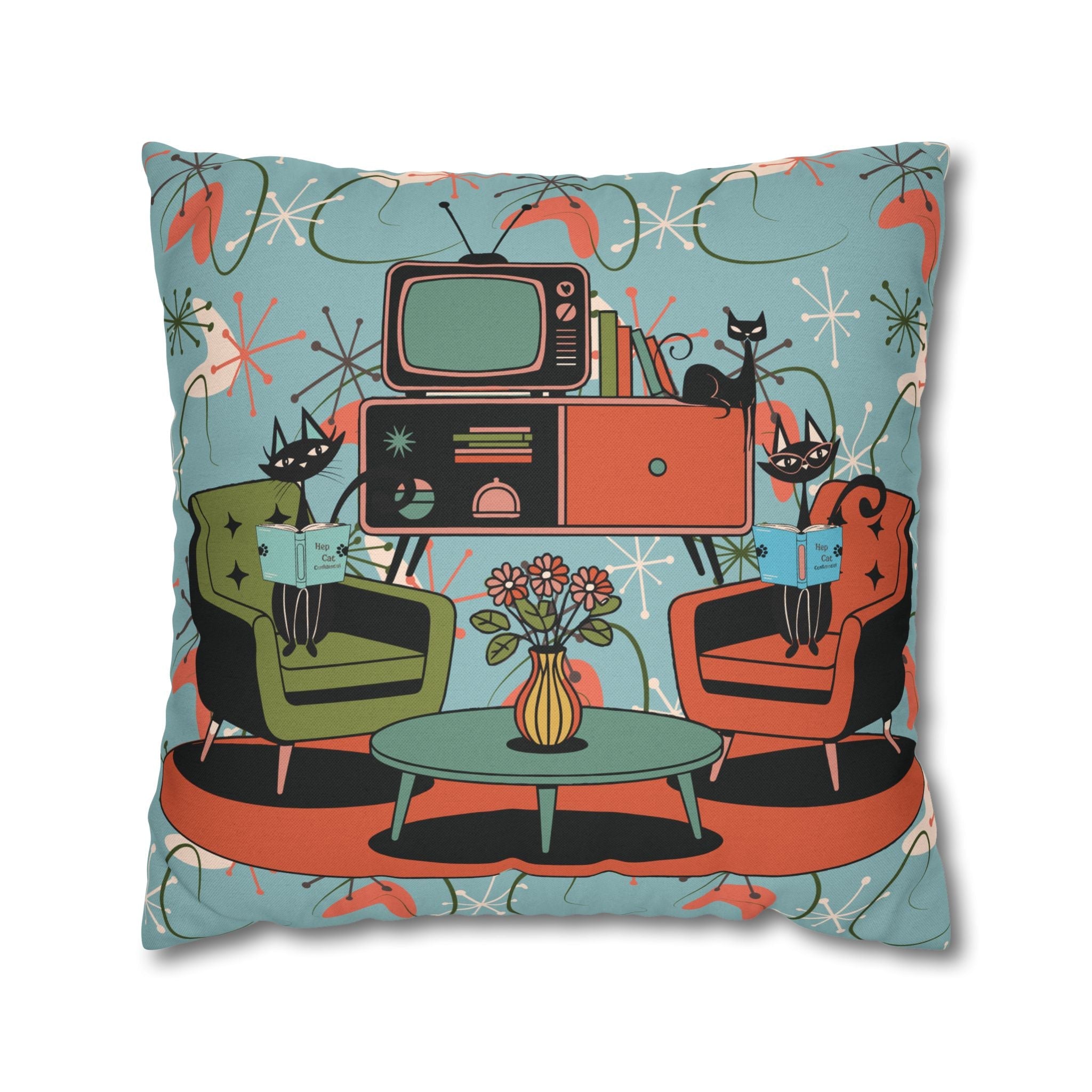Kate McEnroe New York Atomic Kitsch Cat Starburst Pillow Cover, 50s Teal Orange MCM Boomerang DecorThrow Pillow Covers29786263097544649959