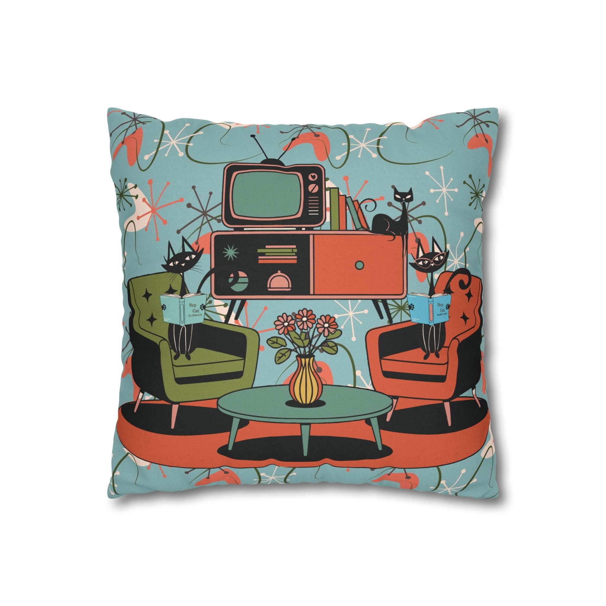 Kate McEnroe New York Atomic Kitsch Cat Starburst Pillow Cover, 50s Teal Orange MCM Boomerang DecorThrow Pillow Covers29786263097544649959