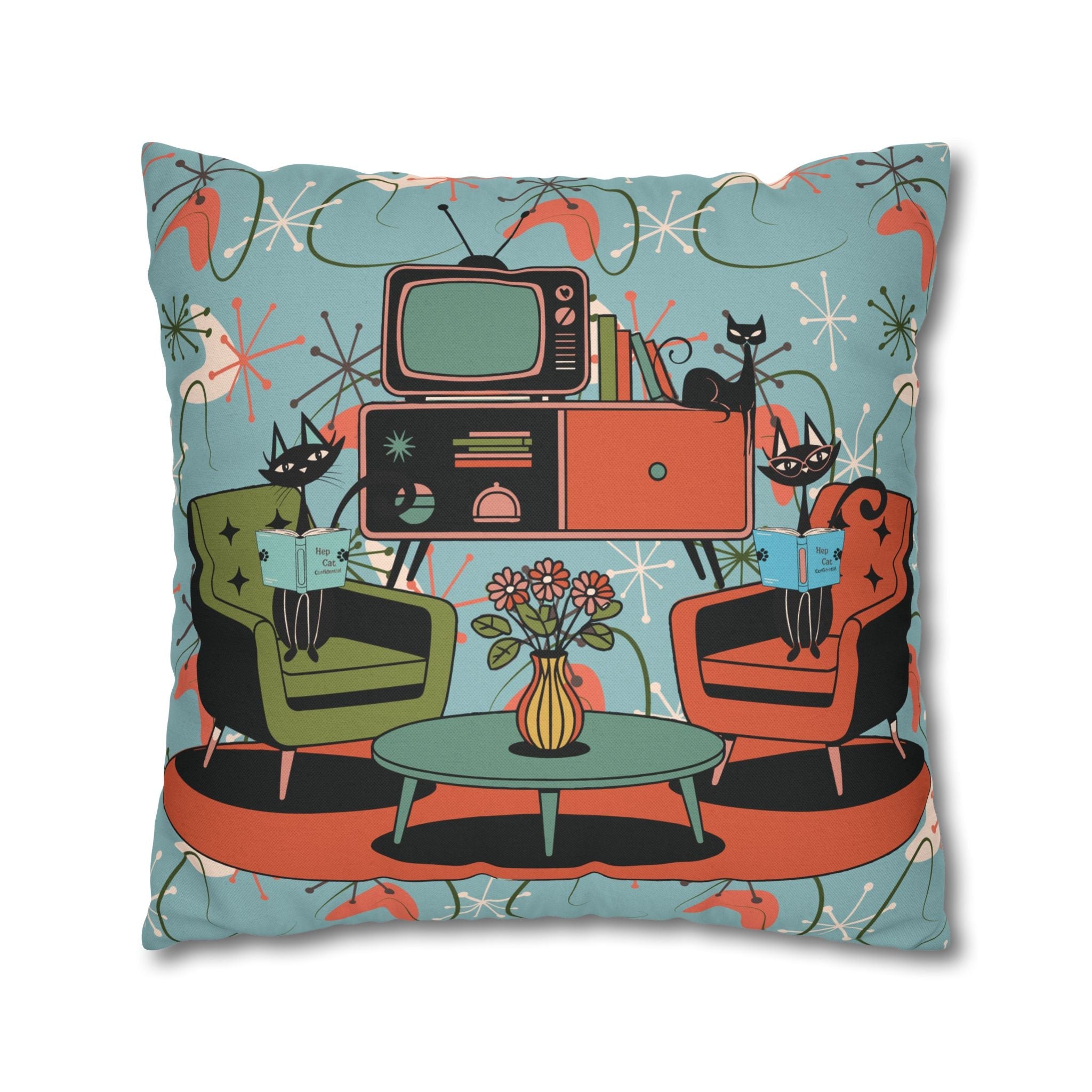 Kate McEnroe New York Atomic Kitsch Cat Starburst Pillow Cover, 50s Teal Orange MCM Boomerang DecorThrow Pillow Covers29786263097544649959