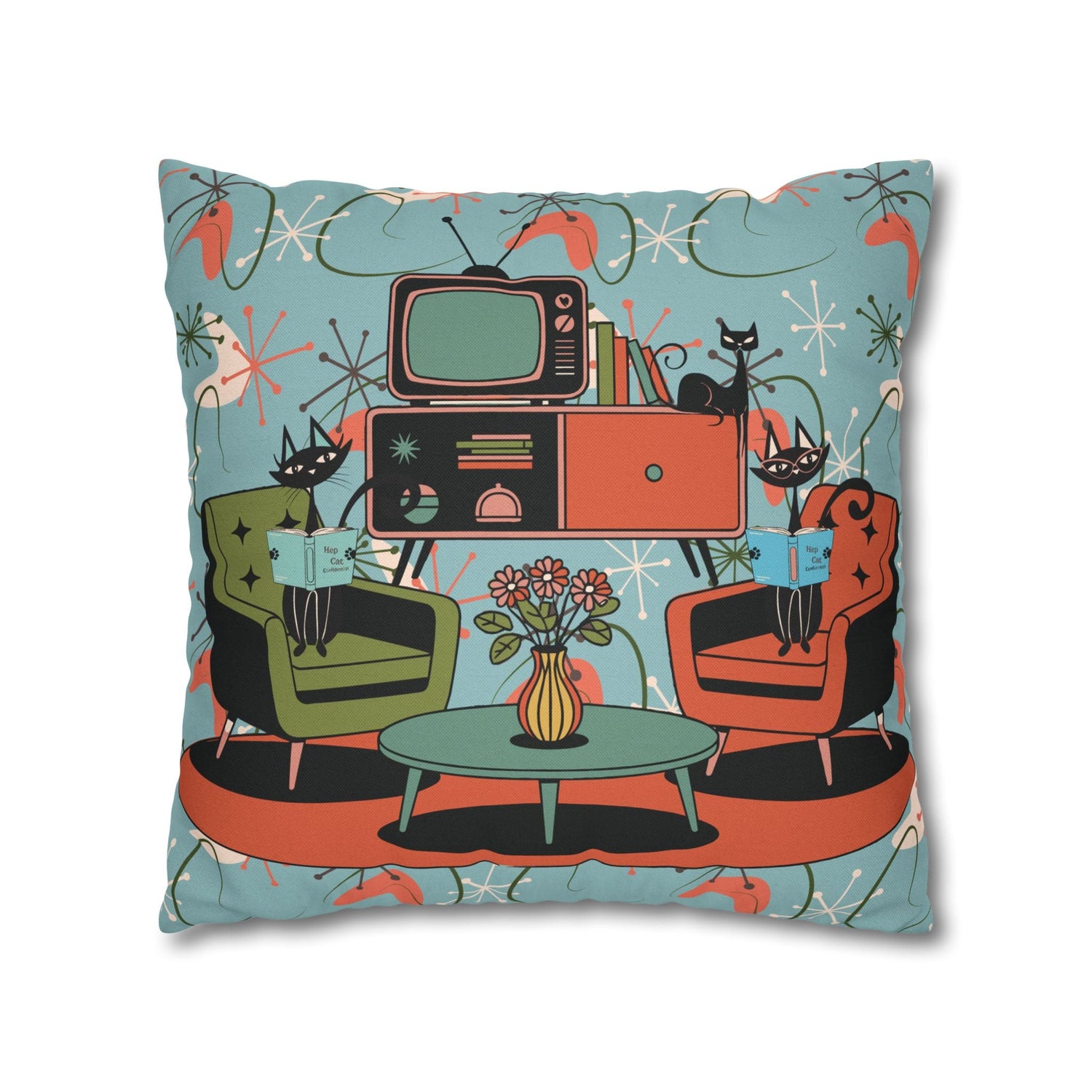 Kate McEnroe New York Atomic Kitsch Cat Starburst Pillow Cover, 50s Teal Orange MCM Boomerang DecorThrow Pillow Covers29786263097544649959