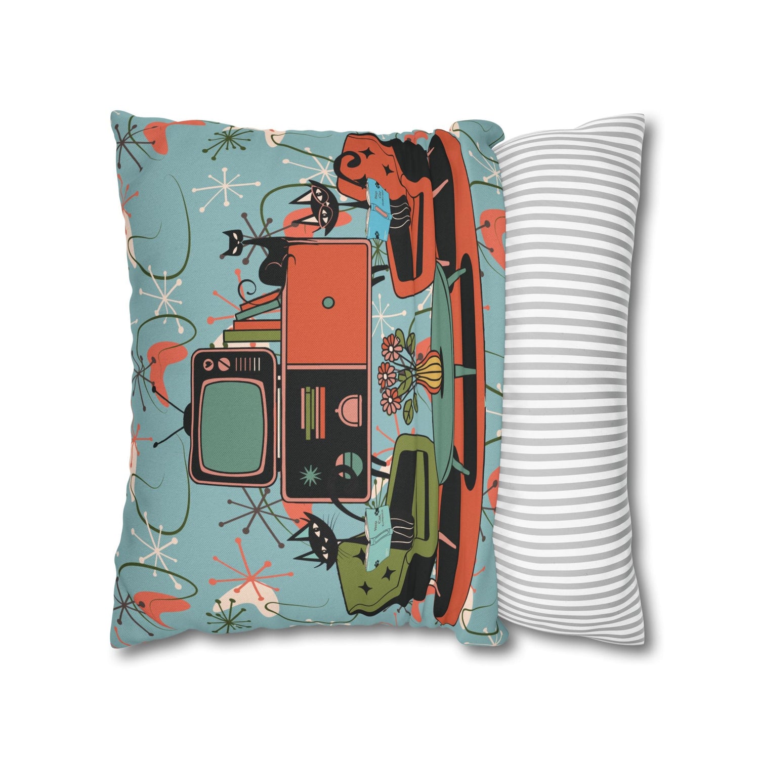 Kate McEnroe New York Atomic Kitsch Cat Starburst Pillow Cover, 50s Teal Orange MCM Boomerang DecorThrow Pillow Covers29786263097544649959