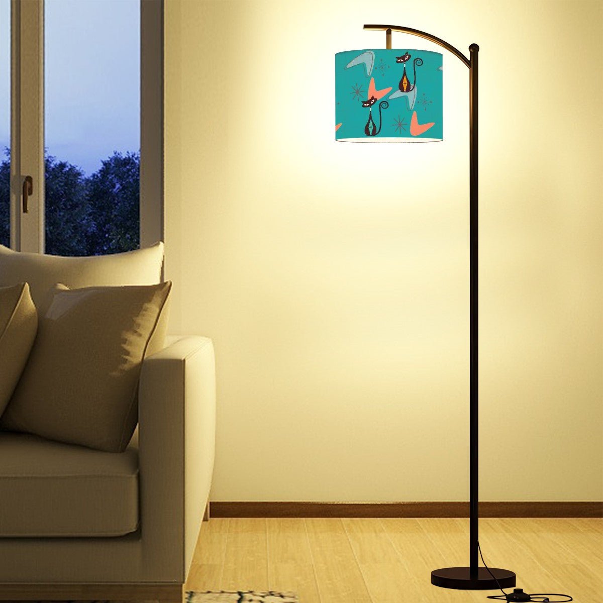 Kate McEnroe New York Atomic Kitschy Black Cat Arc Floor Lamp, Mid Century Modern , Retro 50s MCM Kitsch, Boomerang Starburst, Sexton Cats Accent LightFloor LampsM2x957d1w1