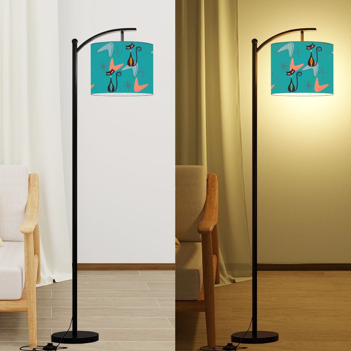 Kate McEnroe New York Atomic Kitschy Black Cat Arc Floor Lamp, Mid Century Modern , Retro 50s MCM Kitsch, Boomerang Starburst, Sexton Cats Accent LightFloor LampsM2x957d1w1