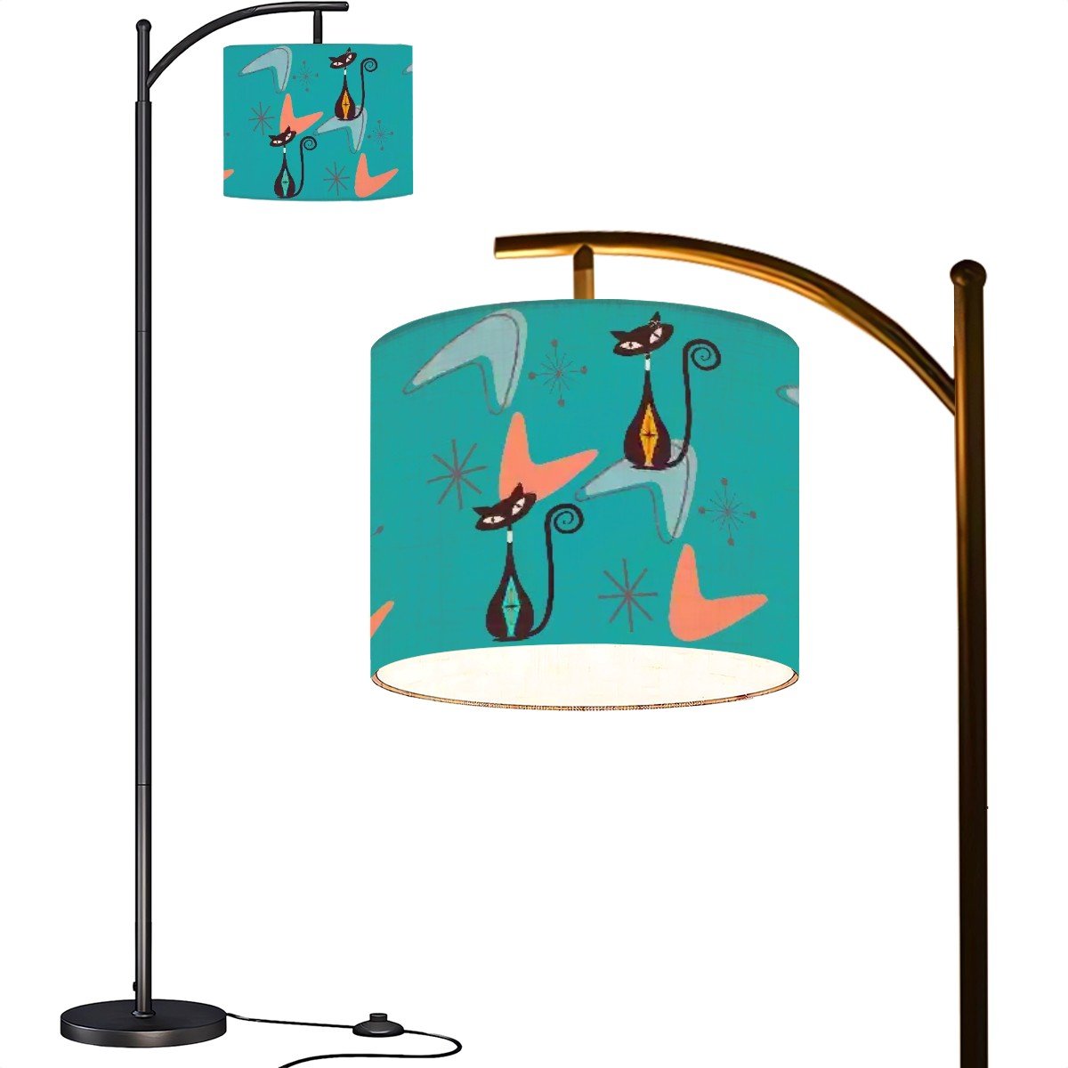 Kate McEnroe New York Atomic Kitschy Black Cat Arc Floor Lamp, Mid Century Modern , Retro 50s MCM Kitsch, Boomerang Starburst, Sexton Cats Accent LightFloor LampsM2x957d1w1