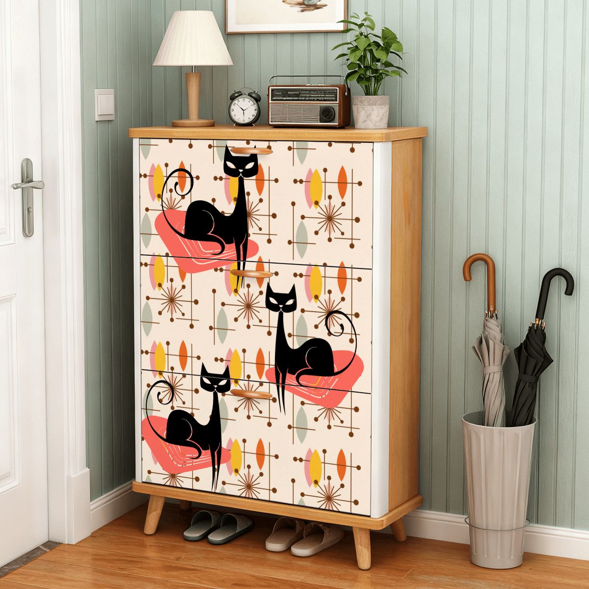Kate McEnroe New York Atomic Kitschy Black Cat Mid Century Modern Shoe Cabinet, Retro Space Age Starburst Storage, MCM Entryway OrganizerShoe Storage3qDFMU2uWU