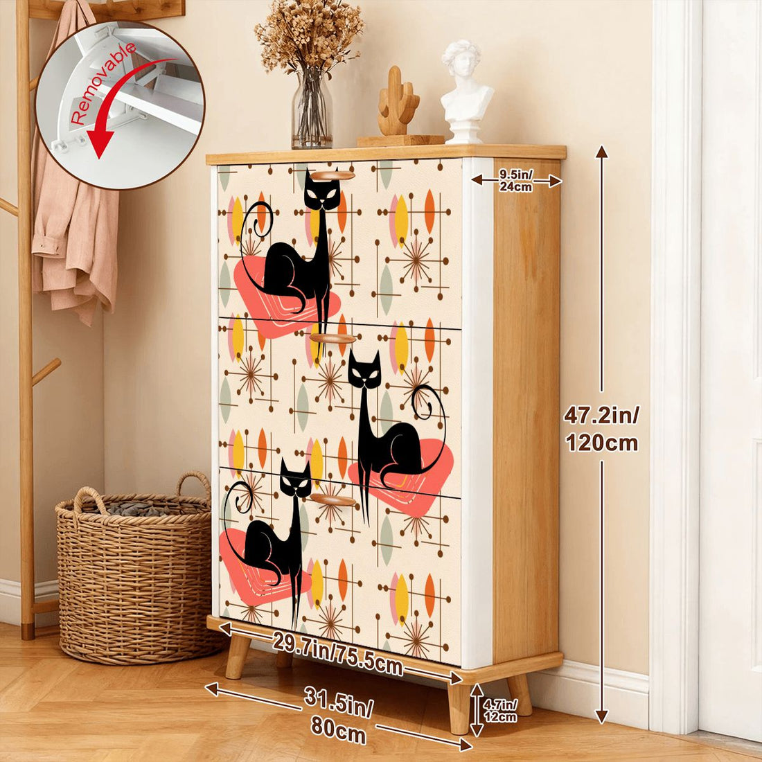Kate McEnroe New York Atomic Kitschy Black Cat Mid Century Modern Shoe Cabinet, Retro Space Age Starburst Storage, MCM Entryway OrganizerShoe Storage3qDFMU2uWU