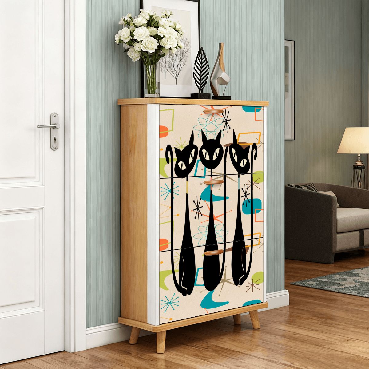 Kate McEnroe New York Atomic Kitschy Black Cat Shoe Cabinet, Mid Century Modern Retro Storage Solution, MCM Entryway FurnitureShoe StoragejxHLIBcbgC