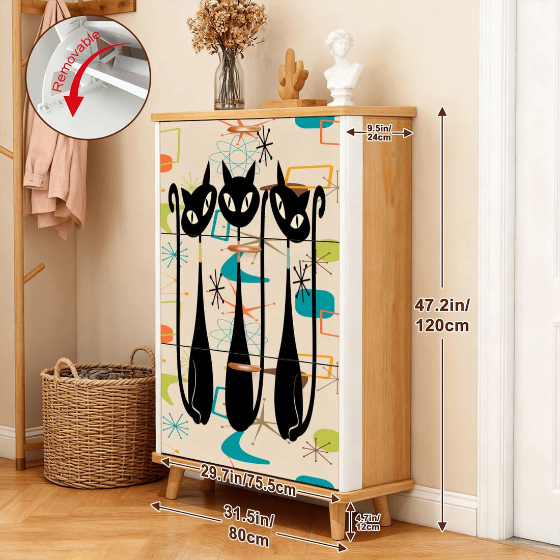 Kate McEnroe New York Atomic Kitschy Black Cat Shoe Cabinet, Mid Century Modern Retro Storage Solution, MCM Entryway FurnitureShoe StoragejxHLIBcbgC