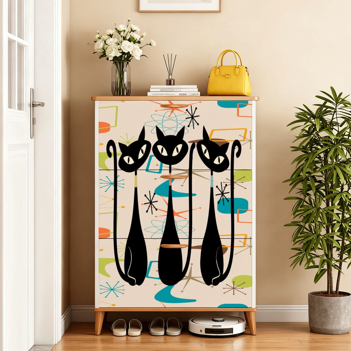 Kate McEnroe New York Atomic Kitschy Black Cat Shoe Cabinet, Mid Century Modern Retro Storage Solution, MCM Entryway FurnitureShoe StoragejxHLIBcbgC