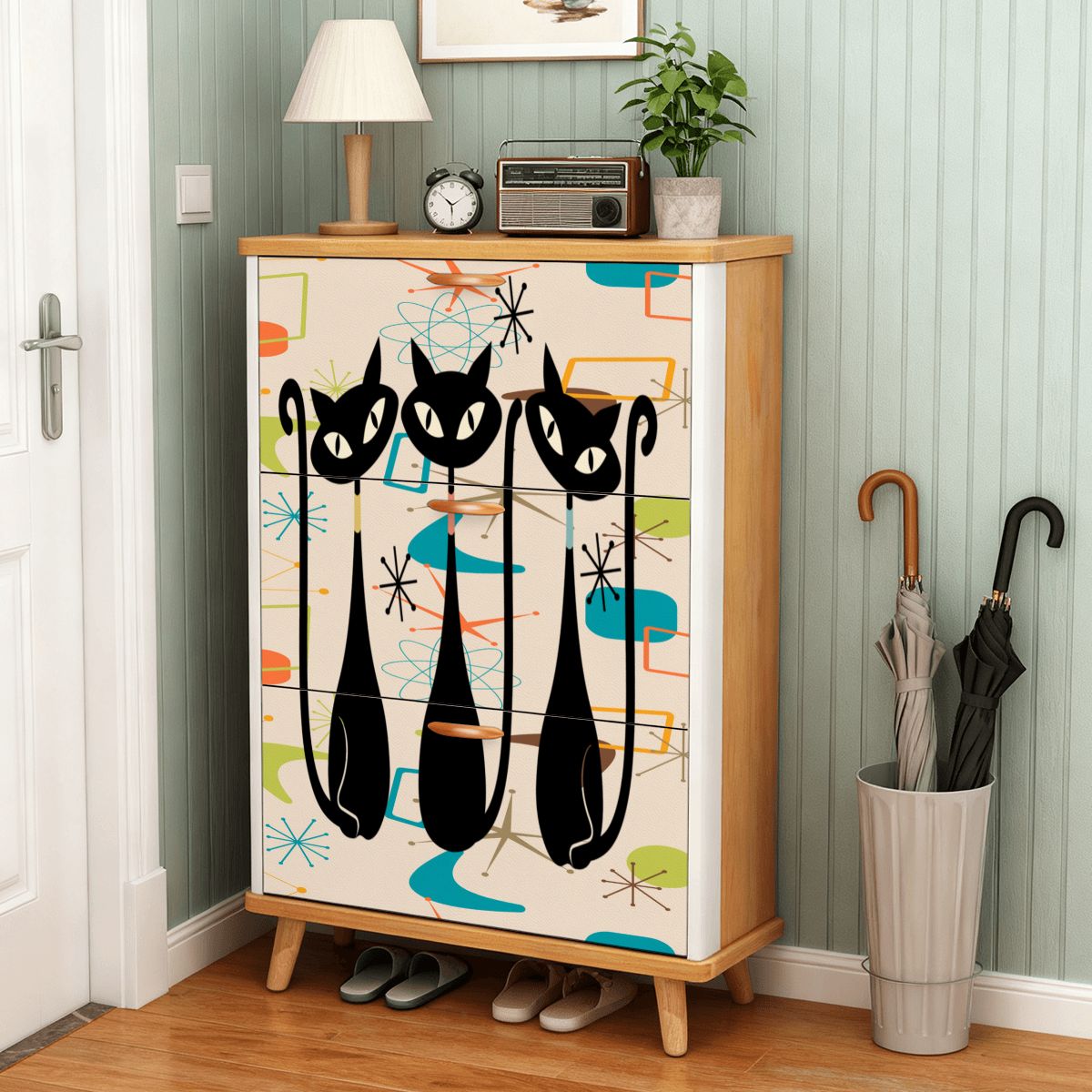 Kate McEnroe New York Atomic Kitschy Black Cat Shoe Cabinet, Mid Century Modern Retro Storage Solution, MCM Entryway FurnitureShoe StoragejxHLIBcbgC