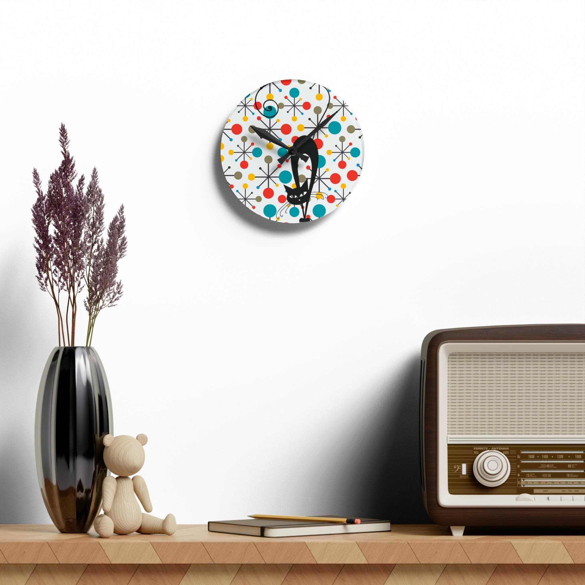 Kate McEnroe New York Atomic Kitschy Cat Acrylic Wall Clock, Mid Century Modern Starburst Wall Decor, Retro MCM Living Room, Bedroom, Kids, Office Home DecorWall Clocks19131428677334037908