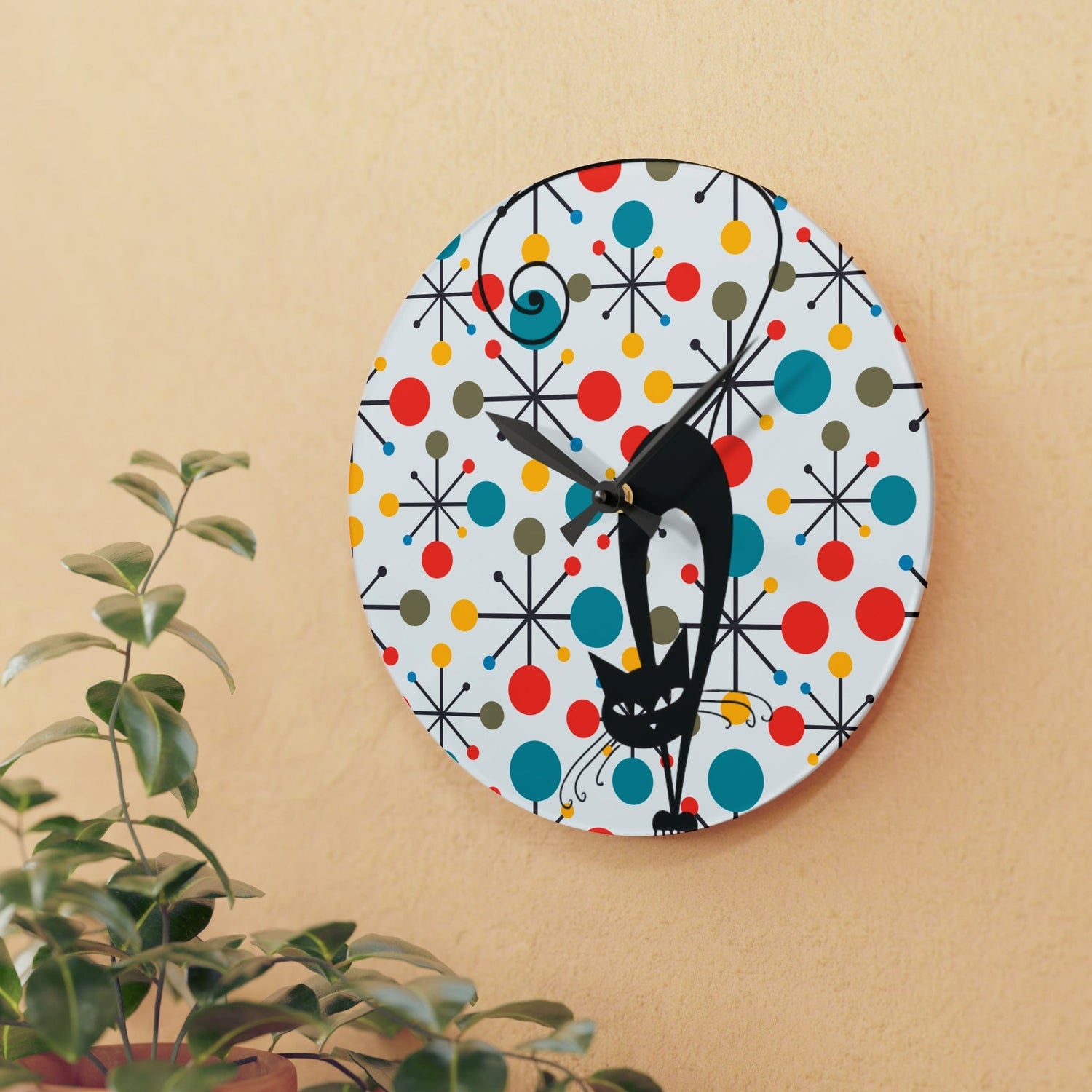Atomic Kitschy Cat Acrylic Wall Clock, Mid Century Modern