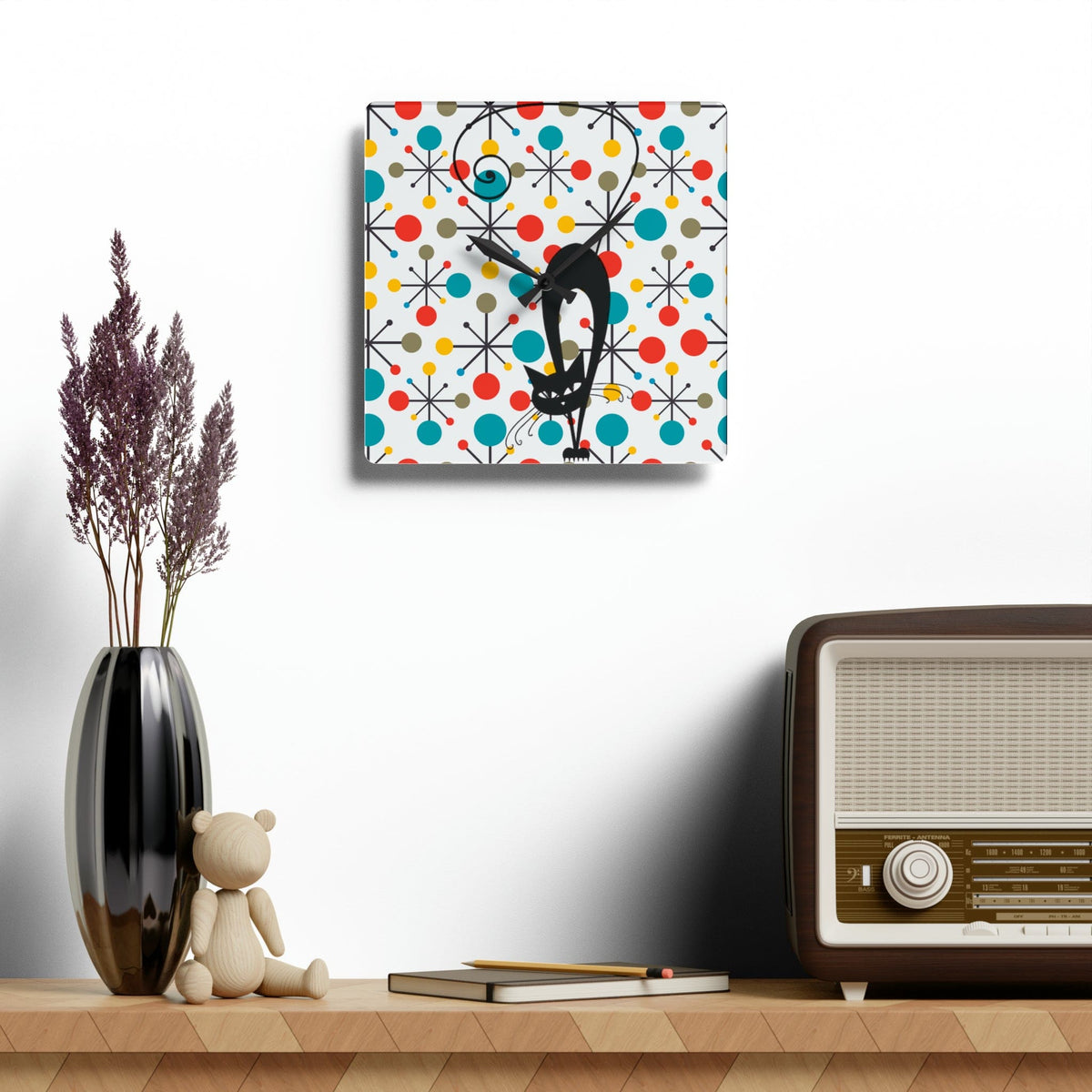 Kate McEnroe New York Atomic Kitschy Cat Acrylic Wall Clock, Mid Century Modern Starburst Wall Decor, Retro MCM Living Room, Bedroom, Kids, Office Home DecorWall Clocks32958932411897154669
