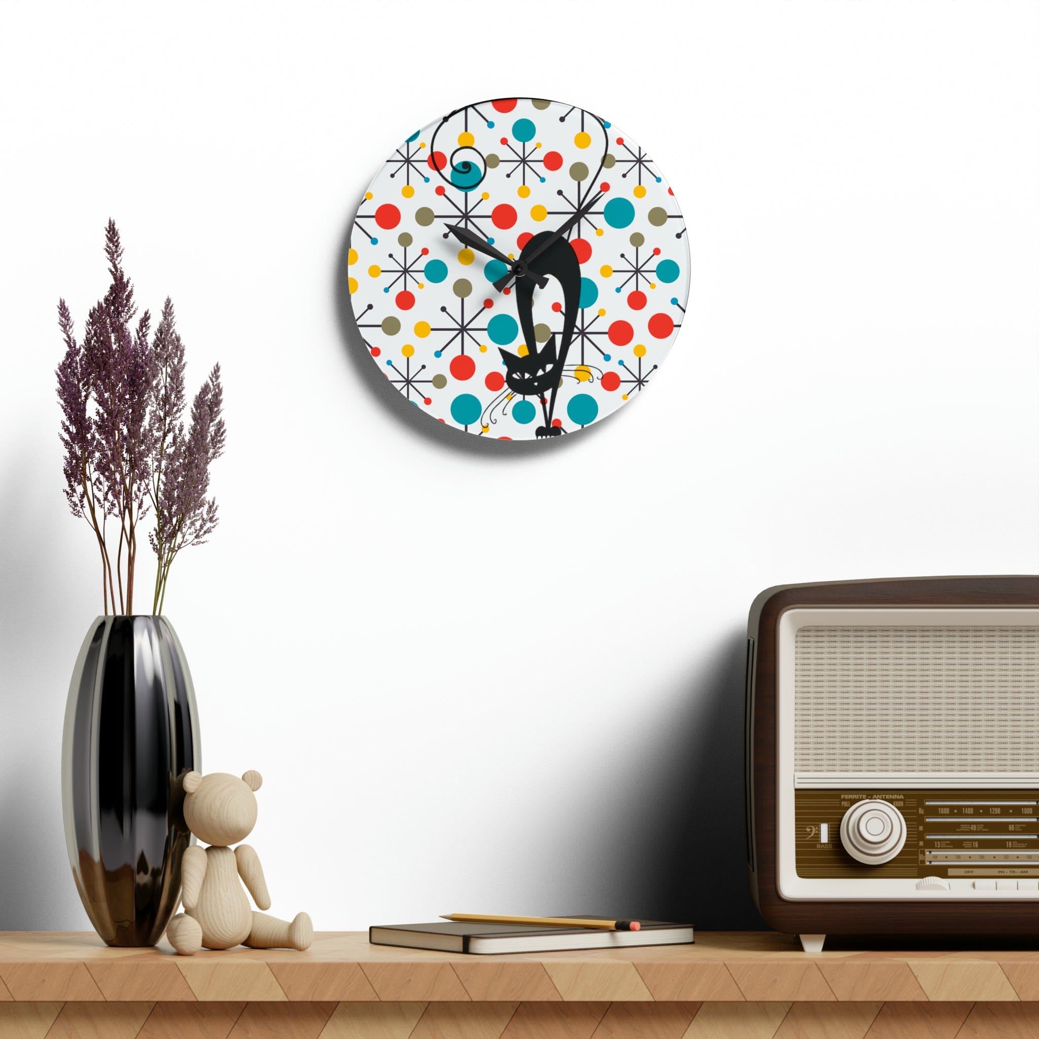 Kate McEnroe New York Atomic Kitschy Cat Acrylic Wall Clock, Mid Century Modern Starburst Wall Decor, Retro MCM Living Room, Bedroom, Kids, Office Home DecorWall Clocks32958932411897154669